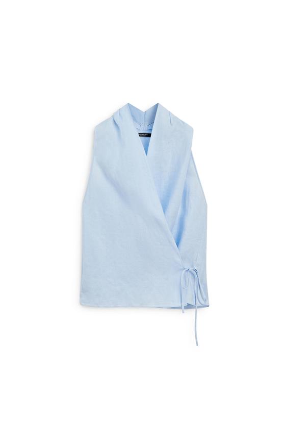 %100 keten bağcık detaylı halter bluz