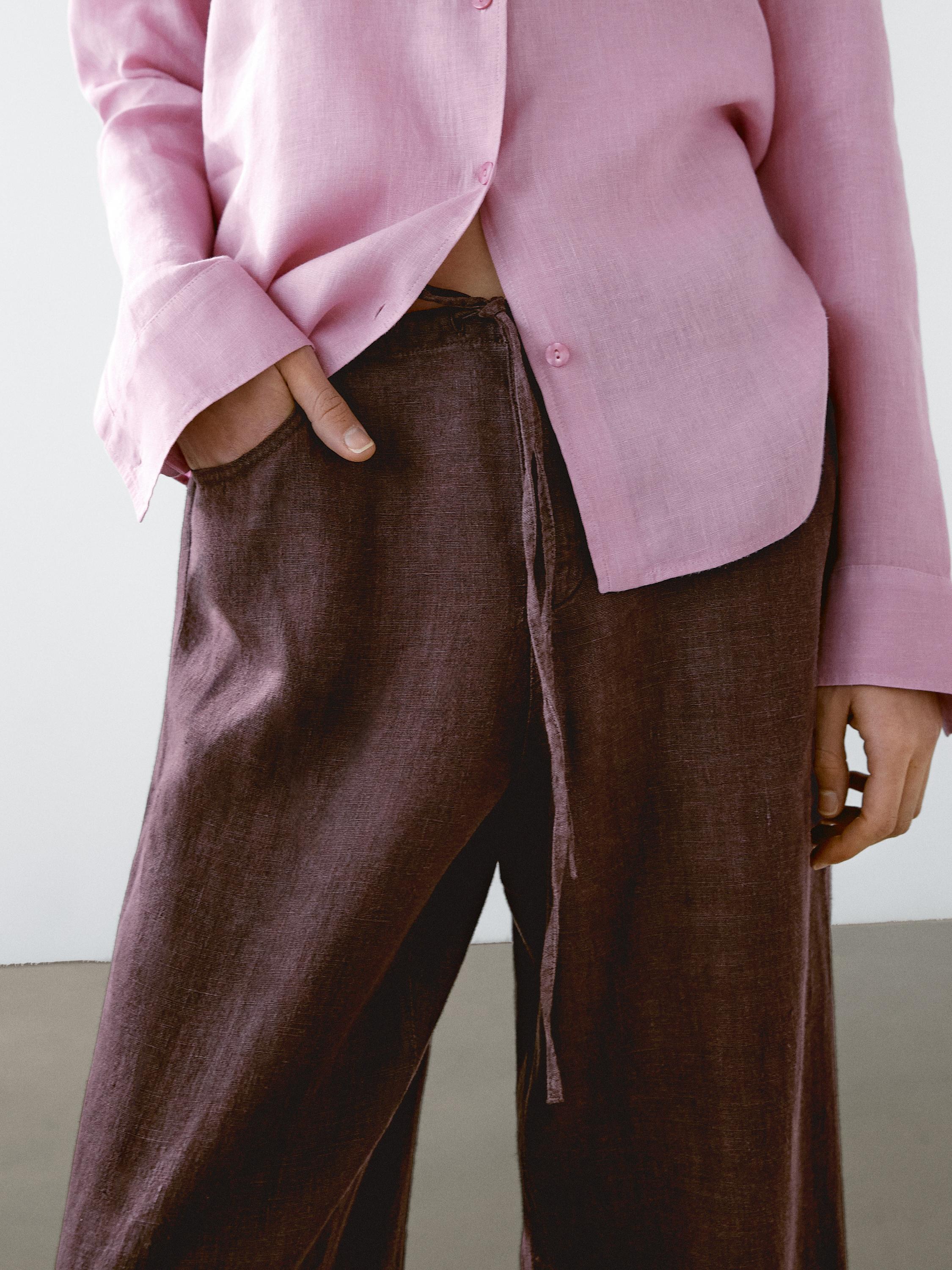 100% linen straight-leg trousers with pockets