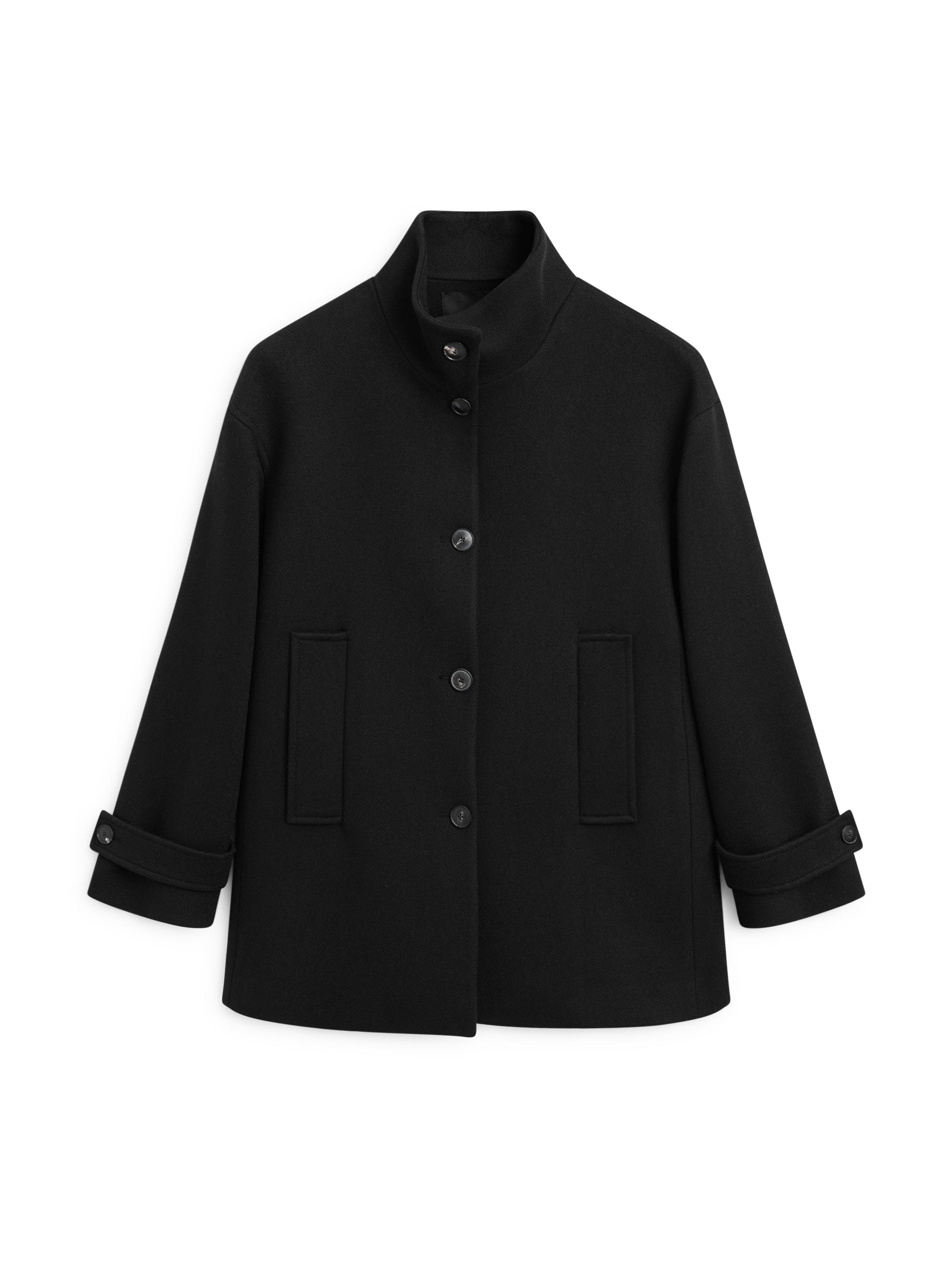 Wool blend high neck coat with button fastening — BLACK