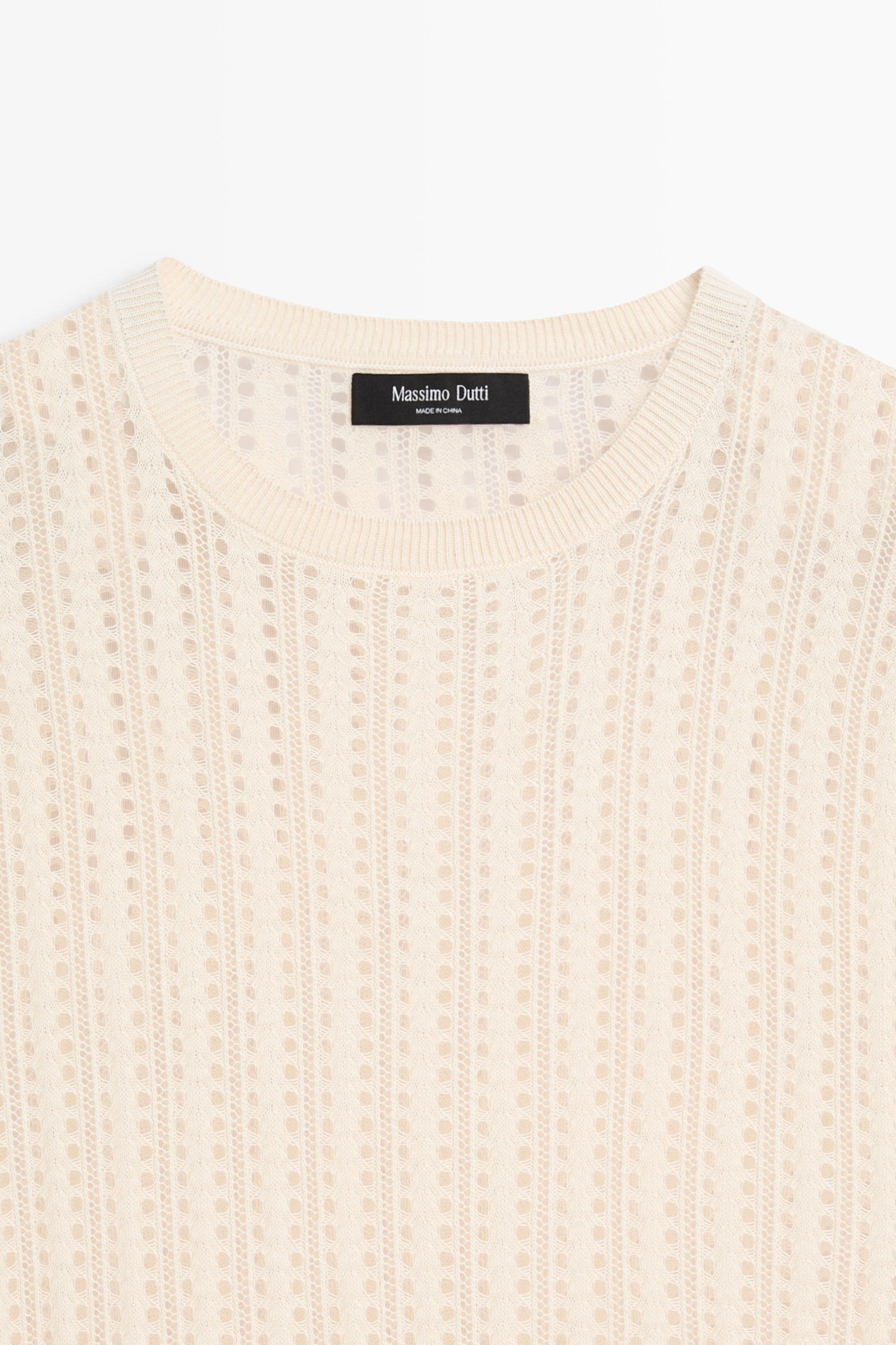 Short sleeve cutwork knit top — CREAM
