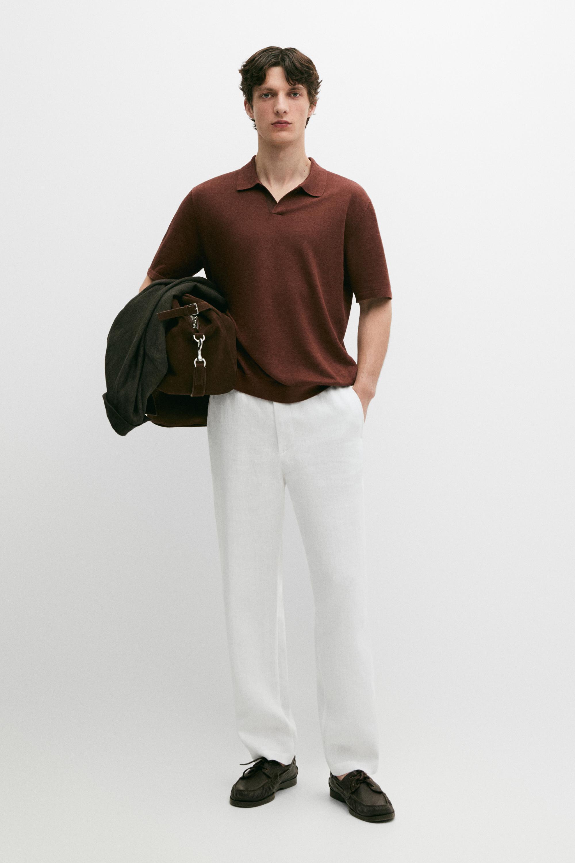 Linen V-neck polo sweater — COPPER