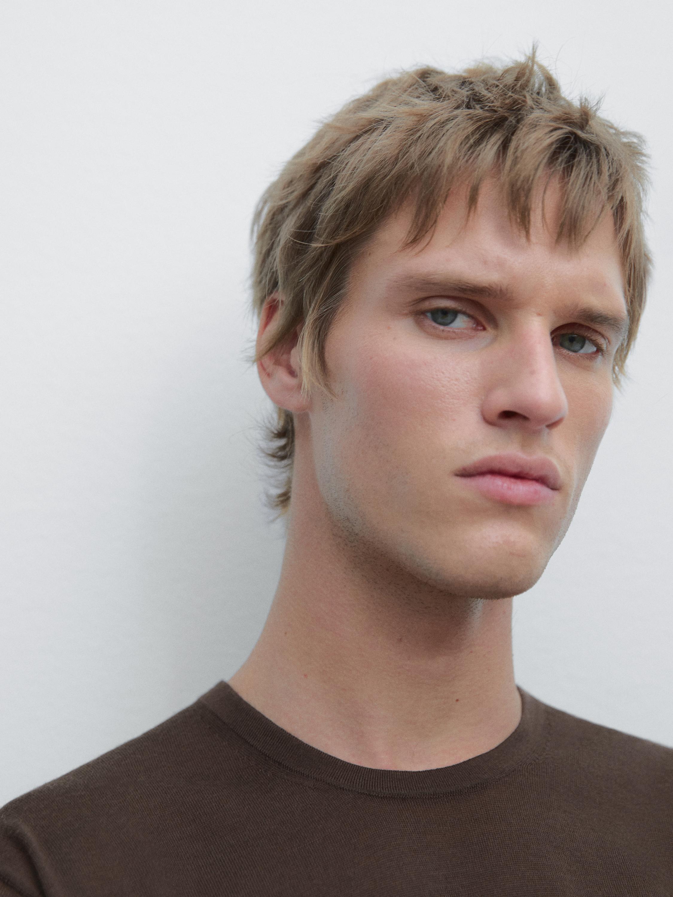 Wool-blend short-sleeve knit sweater — MOLE BROWN