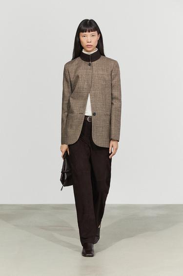 Checked blazer with contrast collar — BROWN 1