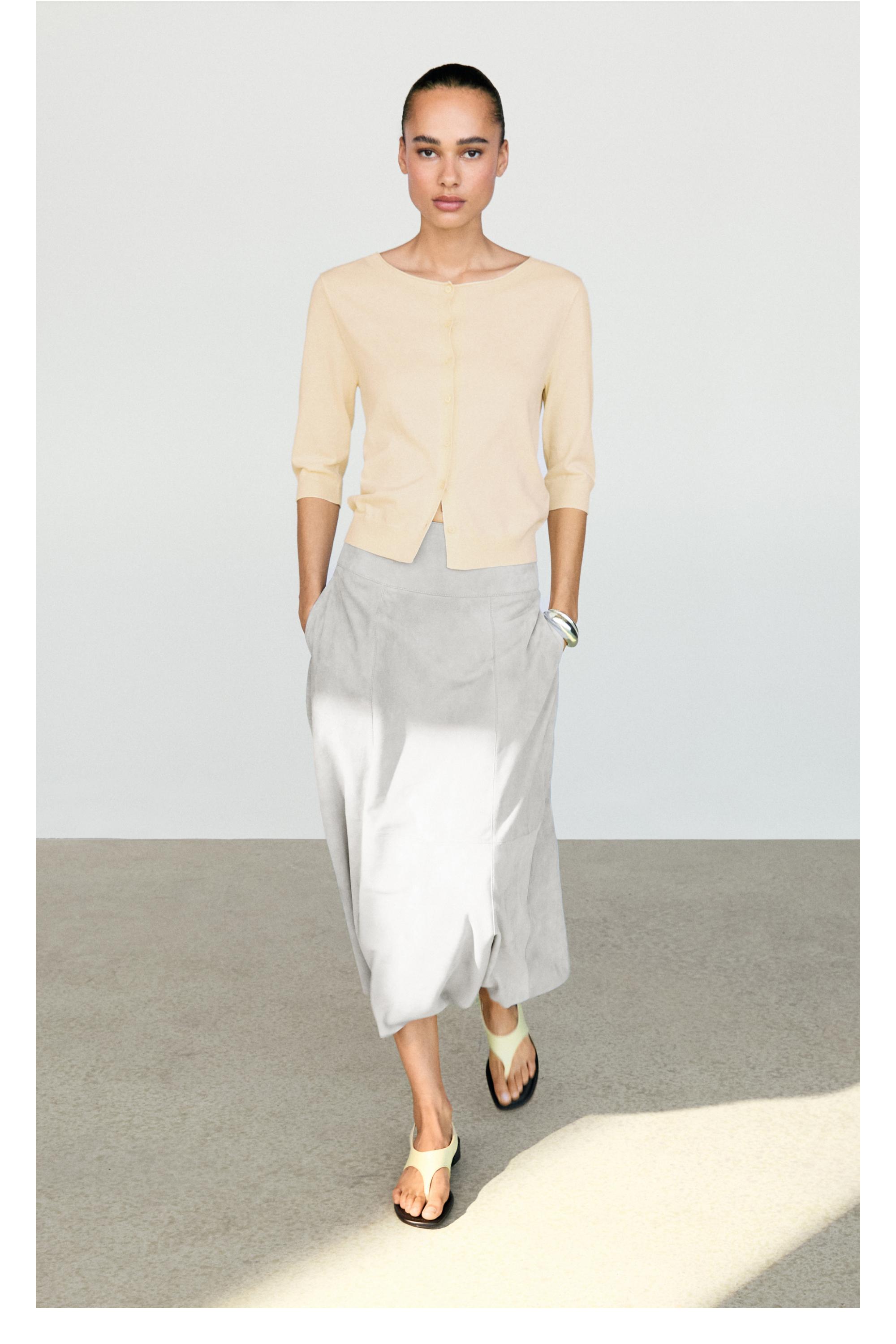 Suede flared midi skirt with sash — BLUISH GREY