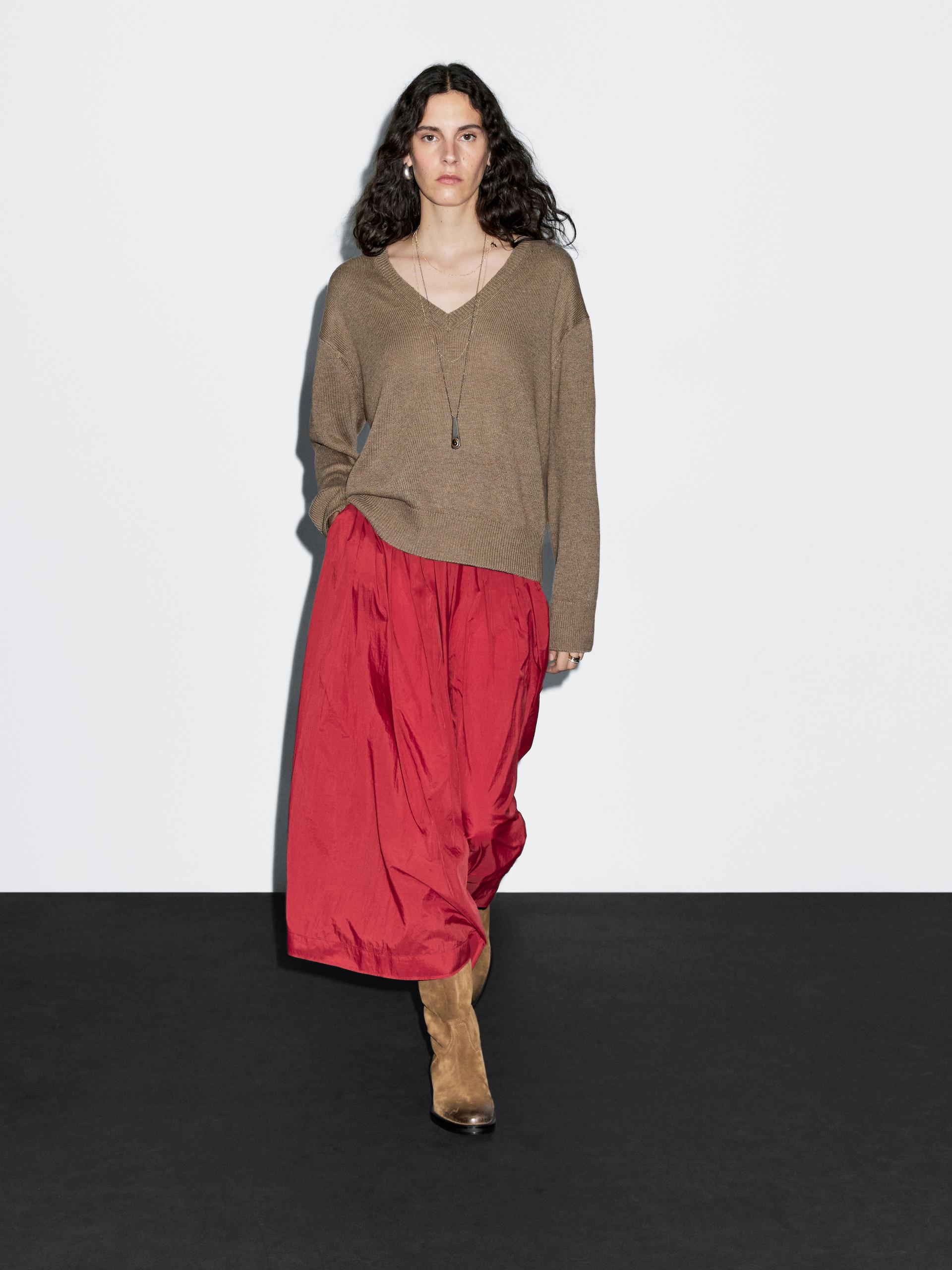 Jersey Punto Cuello Pico Manga Larga - Marrón Topo - L - Massimo Dutti - Mujer
