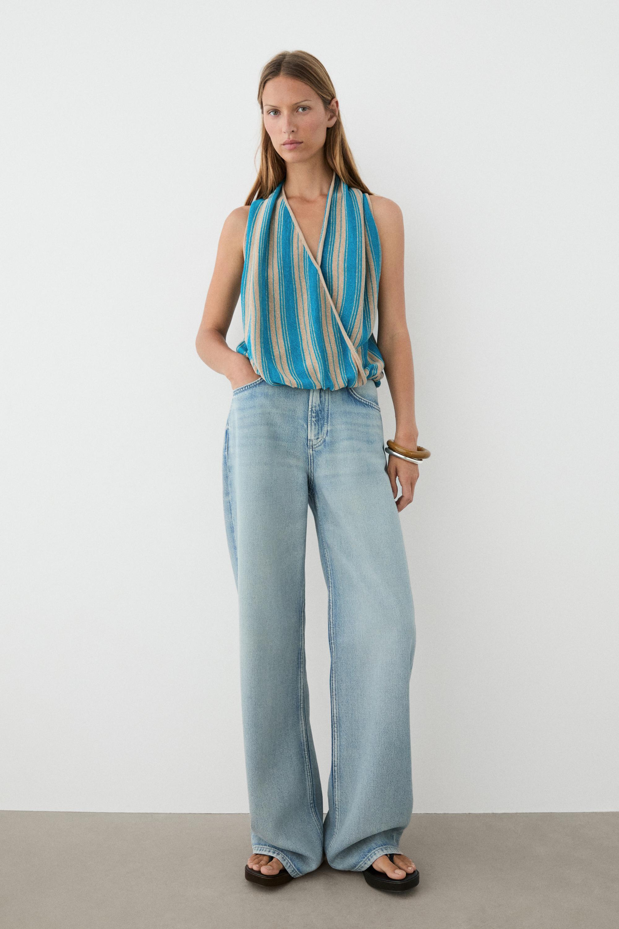 Striped linen blend surplice top — TURQUOISE