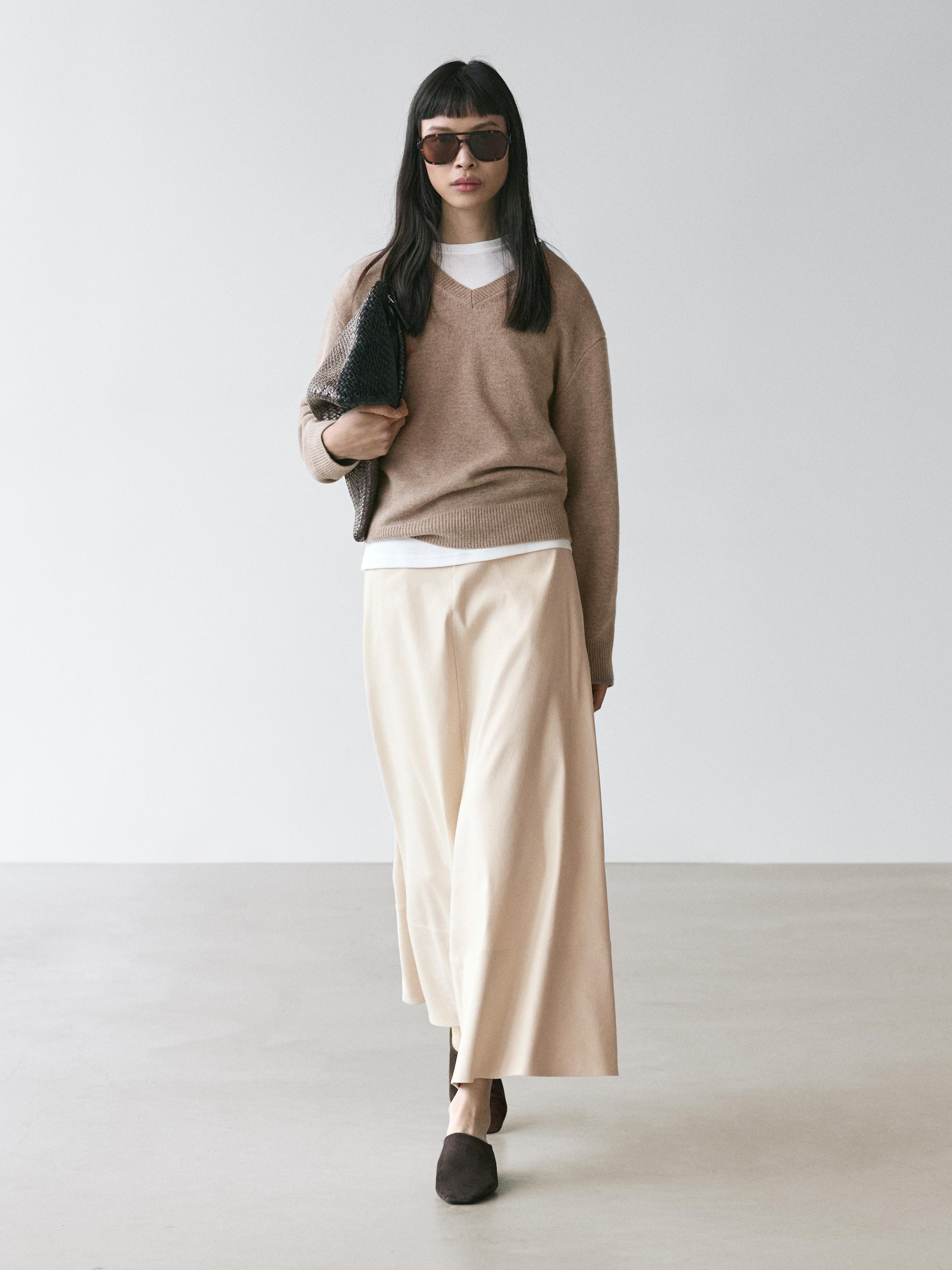 Linen blend flared skirt with pocket — CREAM