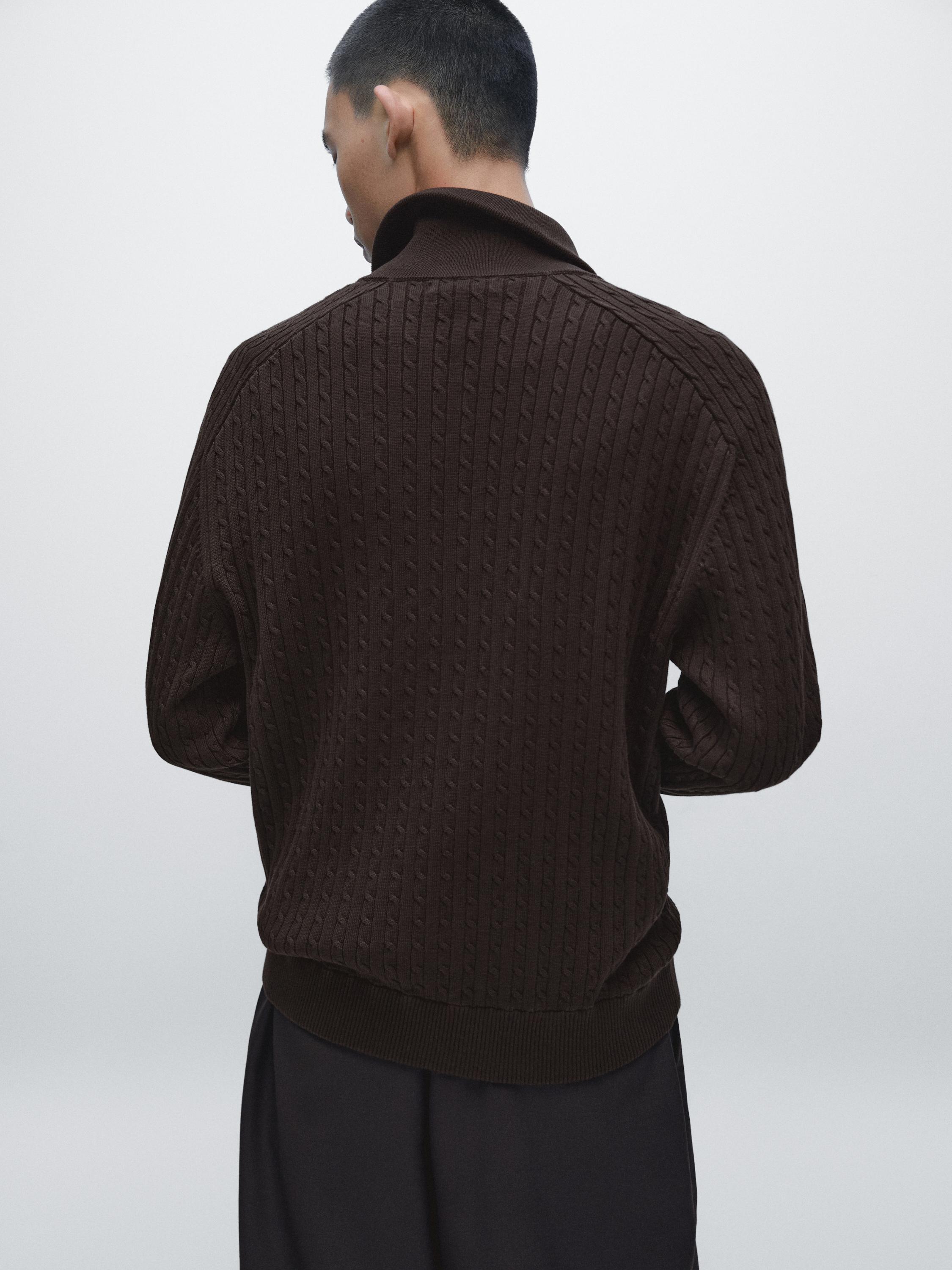Cotton cable-knit cardigan with zip — BROWN MARL
