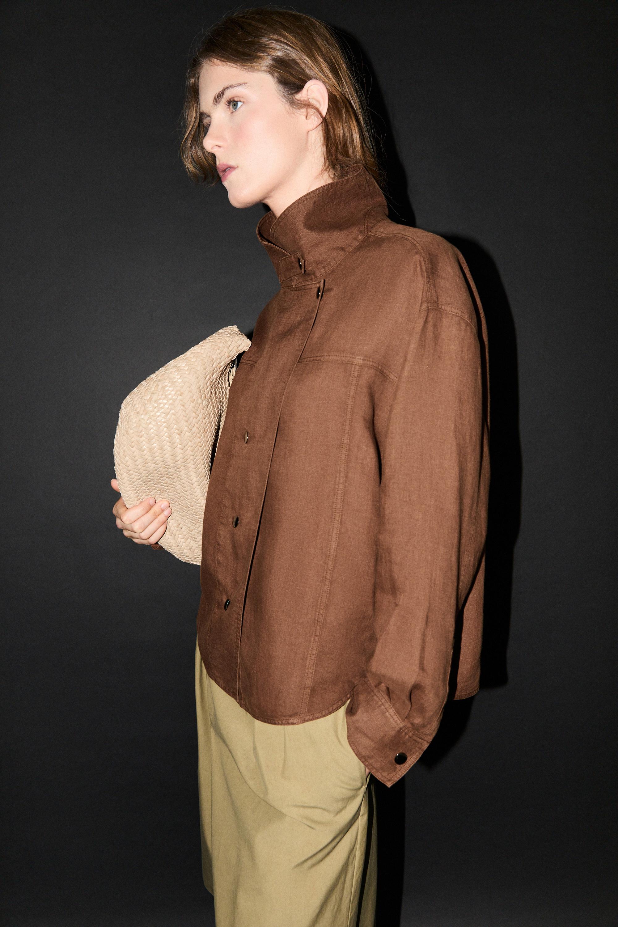 100% linen snap-button shirt — BROWN
