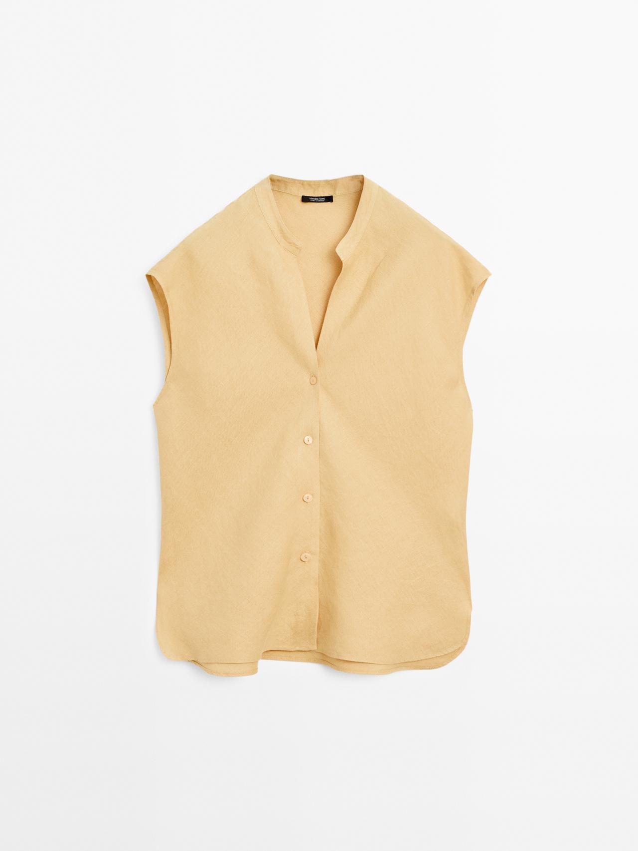 Massimo Dutti - Dame - Bluse I 100 % Hør Med Blødt Fald Og Åben Hals - Stenfarvet - S