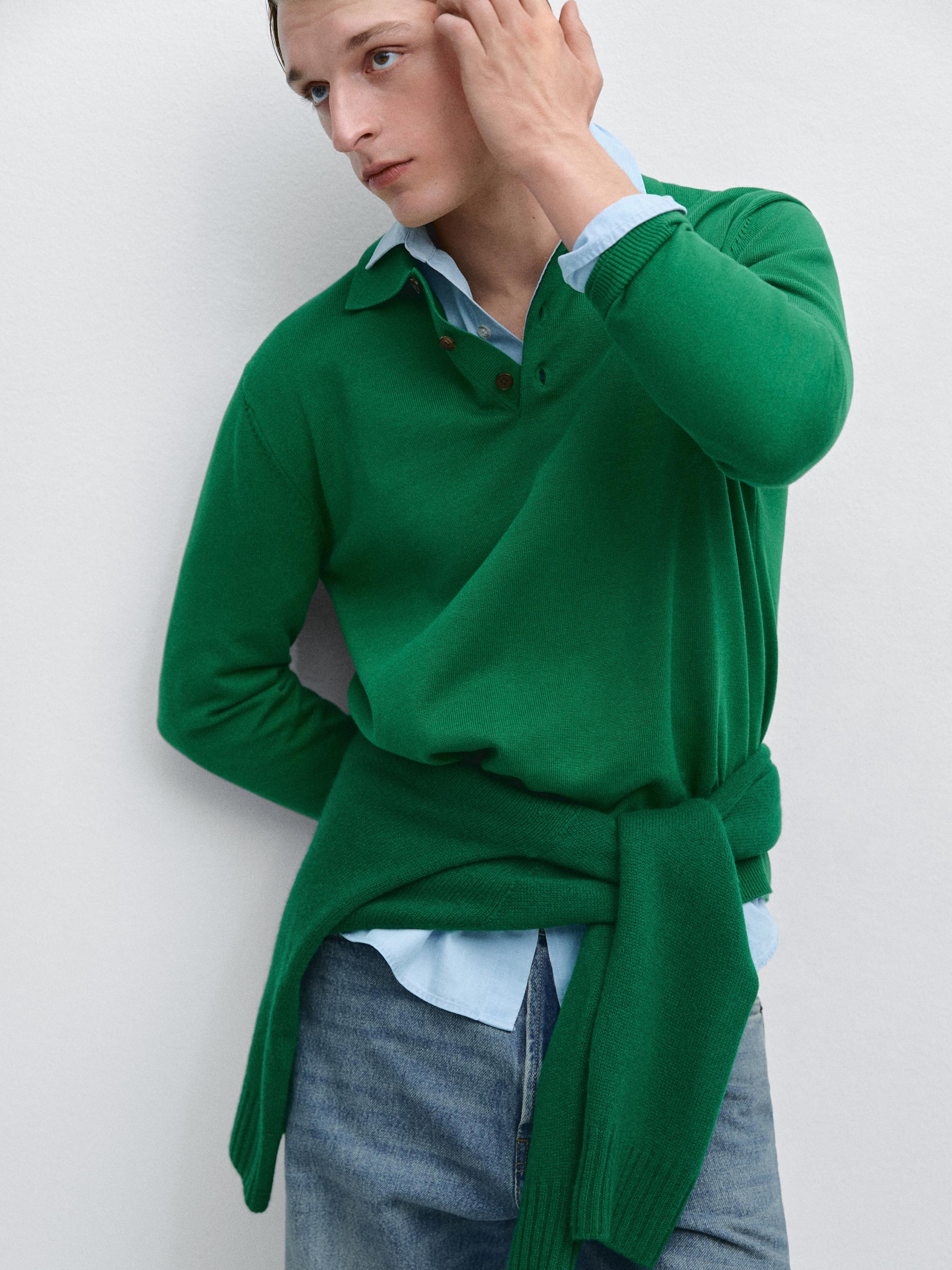 Cotton knit polo collar sweater — Green billiard
