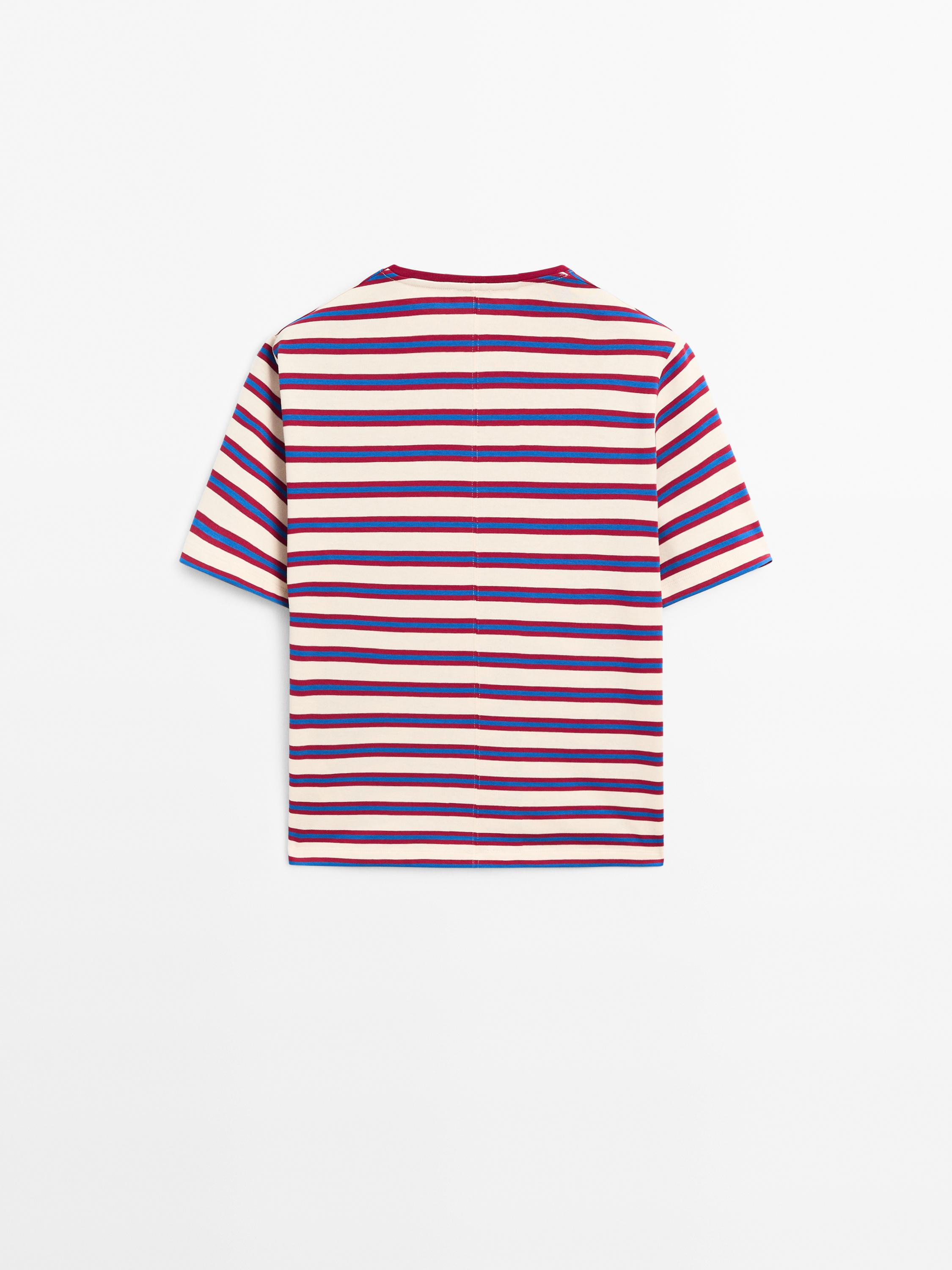 Multi-striped cotton T-shirt with pocket