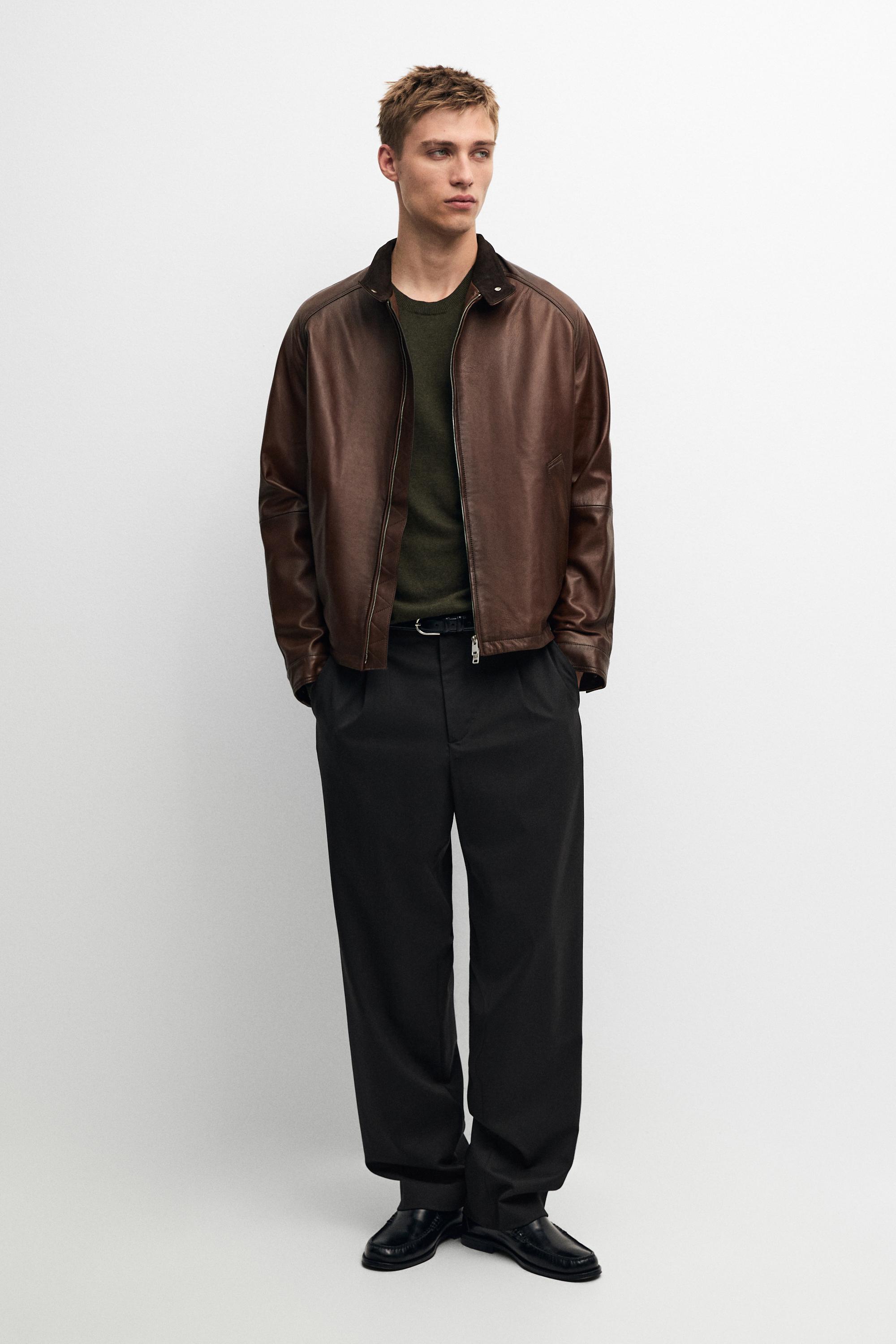 Nappa leather jacket with strap collar