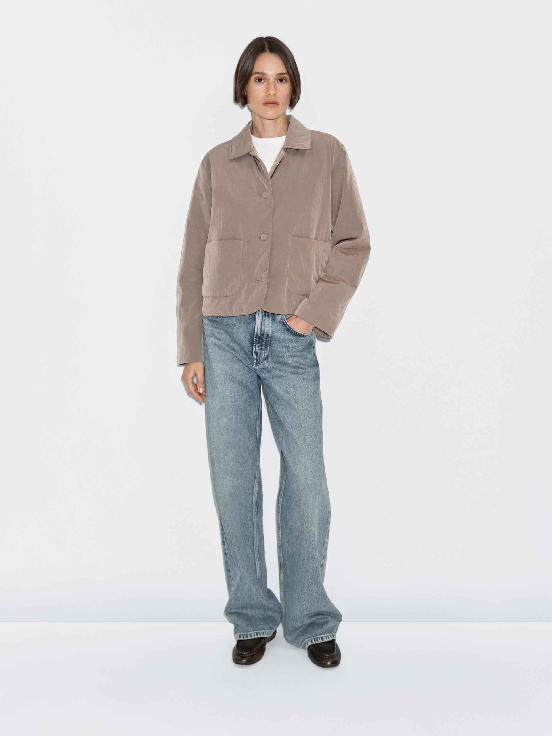 Veste Courte Matelassée Avec Boutons Recouverts - Marron Taupe - S - Massimo Dutti - Femme
