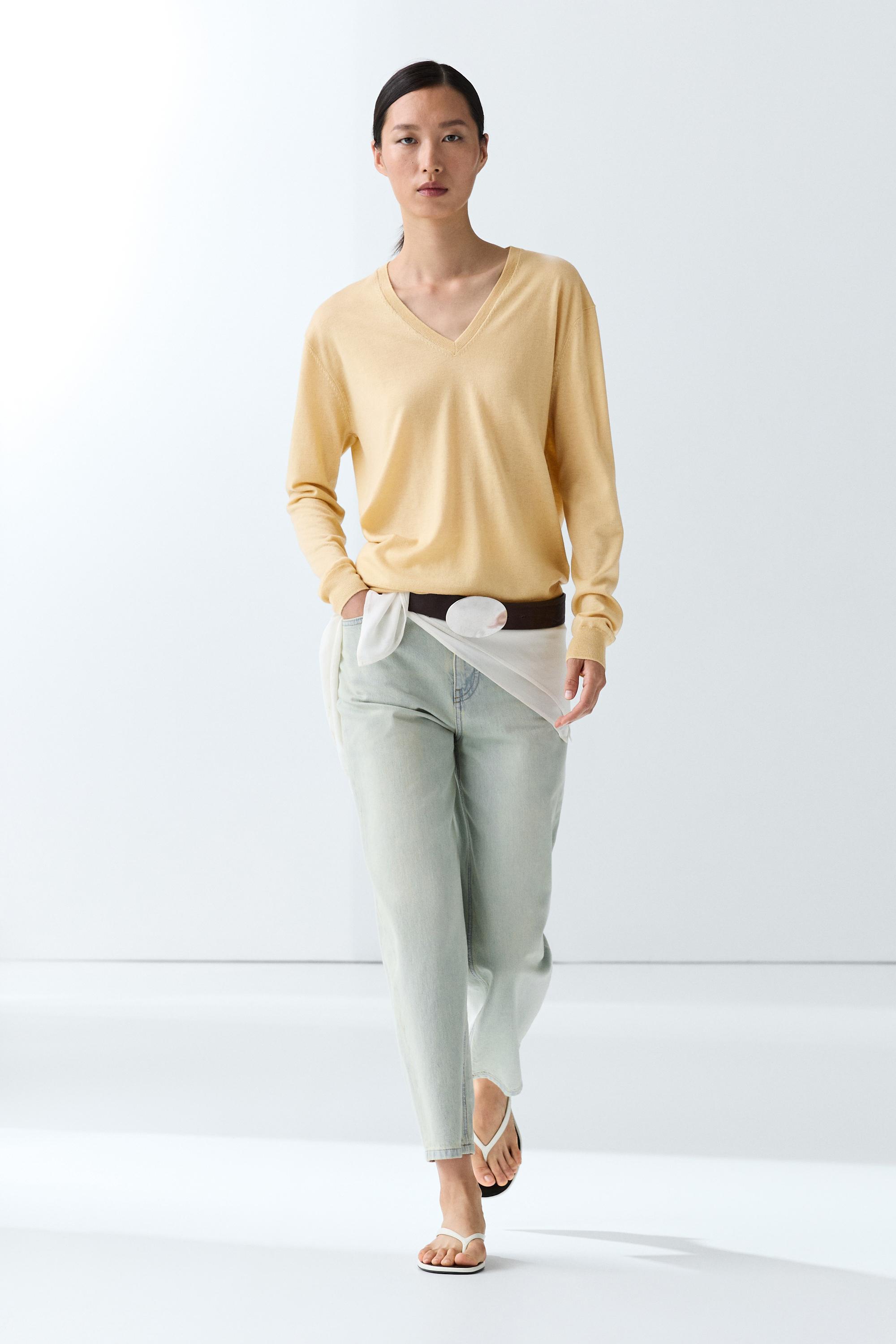 Pullover In Maglia Con Scollo A V - Vaniglia - Xs - Massimo Dutti - Female-image