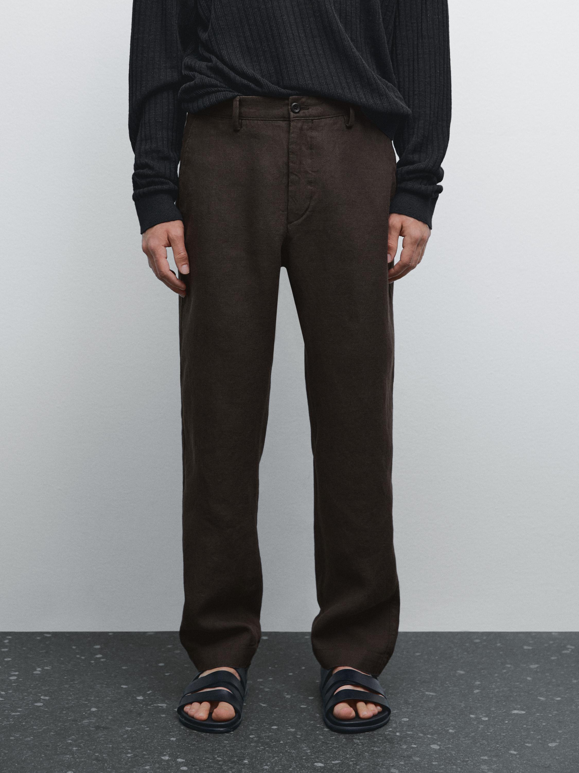 100% linen straight-leg trousers
