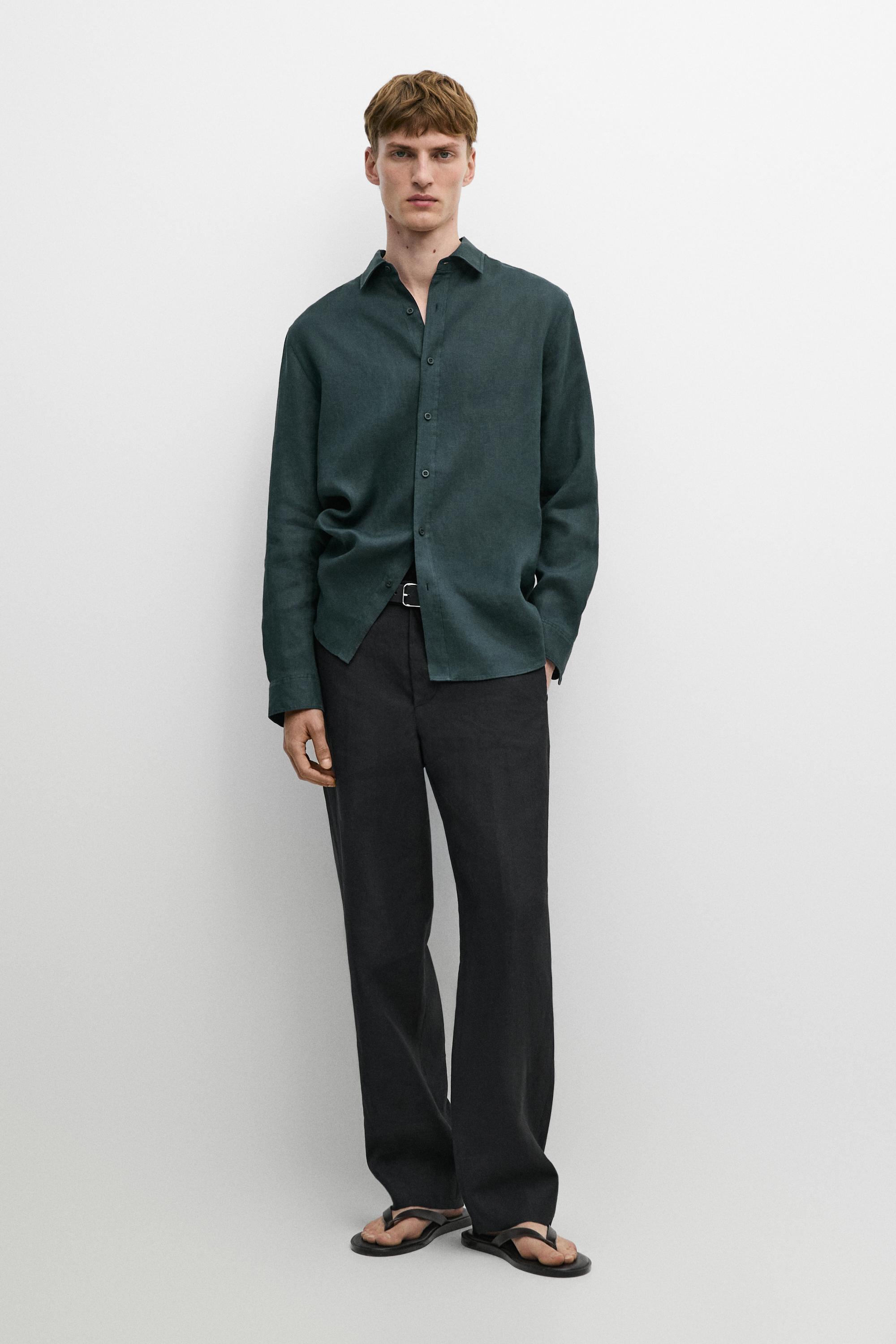 Slim fit 100% linen shirt — Misty blue