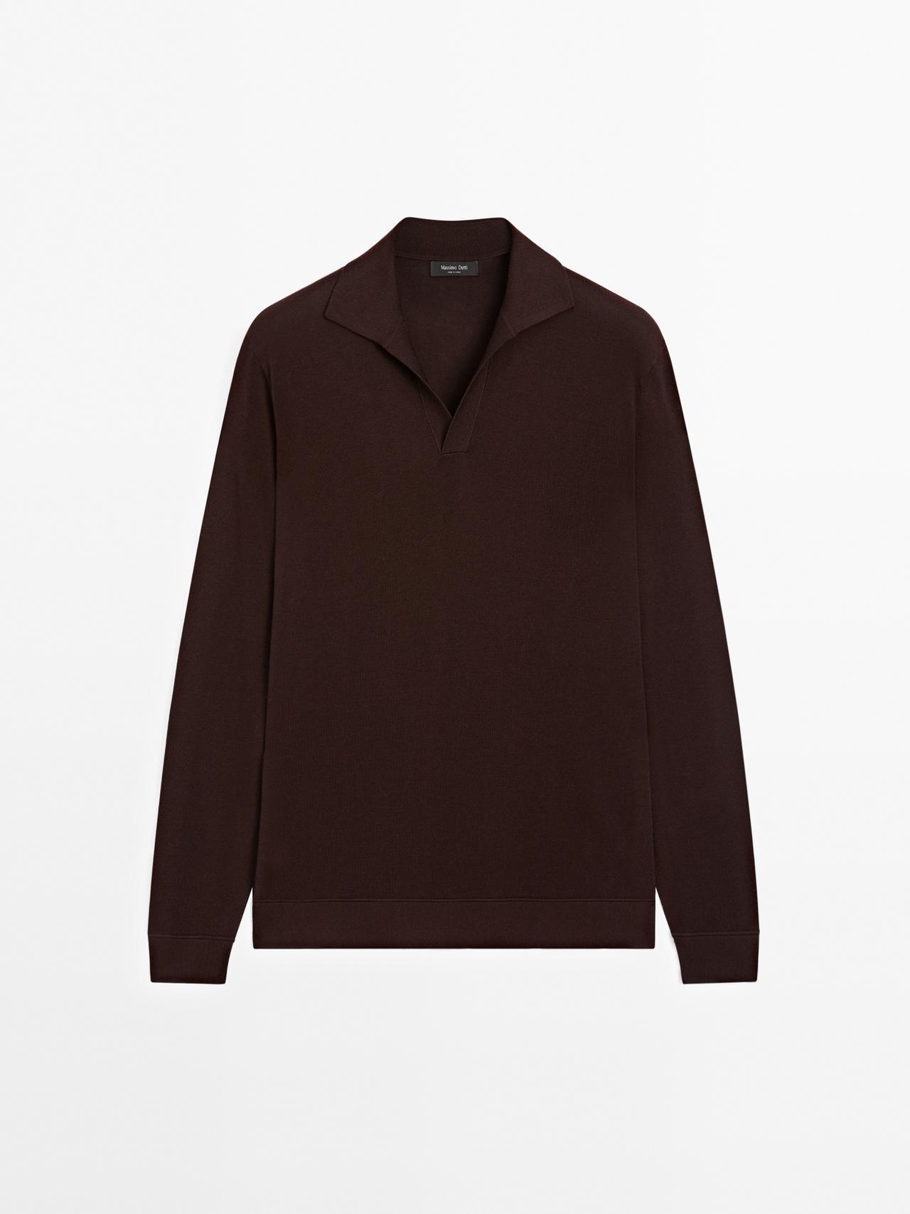 Massimo Dutti - Herre - Strikket Trøje Med Polokrave - Bordeaux - L