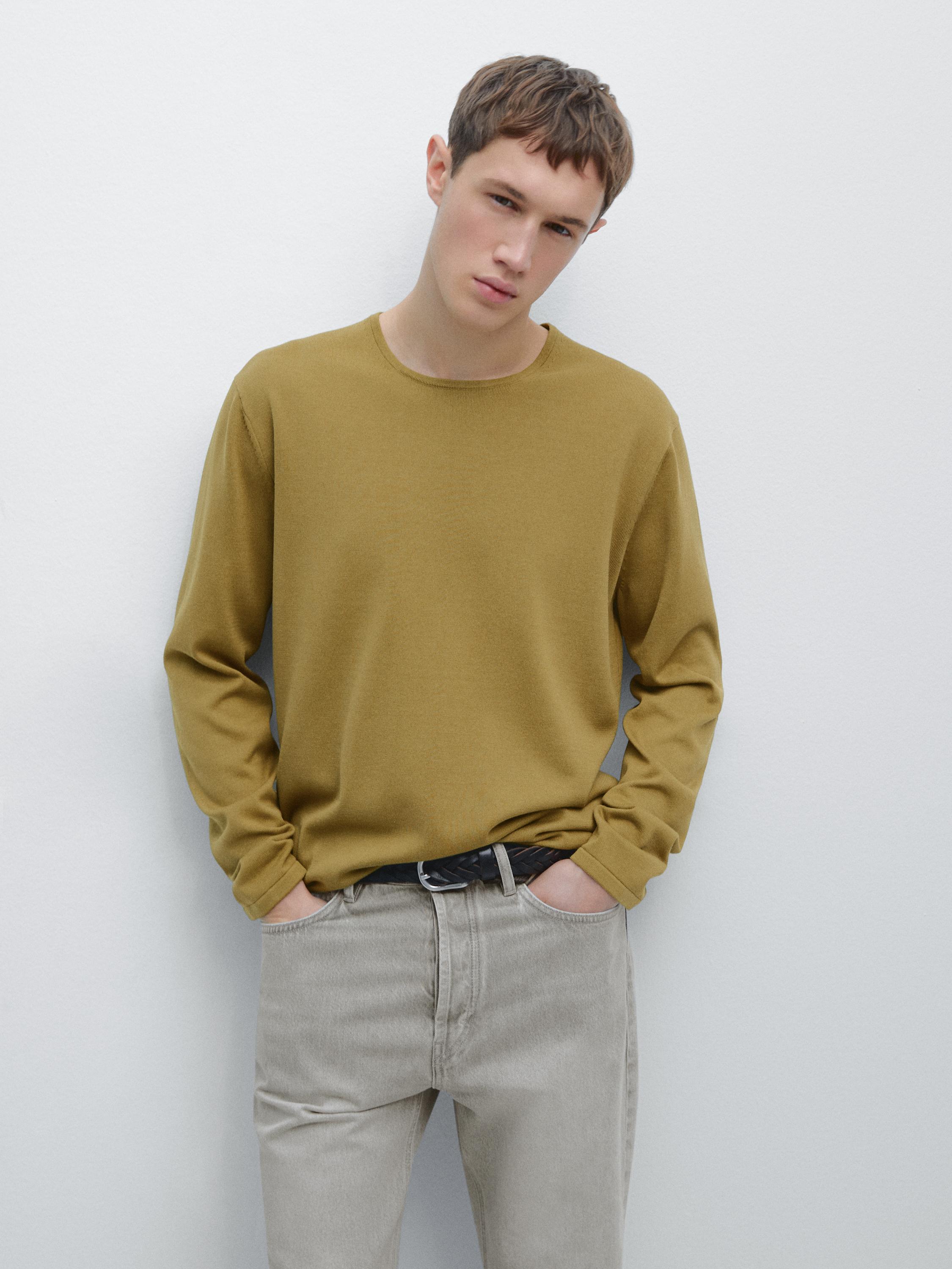 Knit 100% cotton crew neck sweater — OLIVE