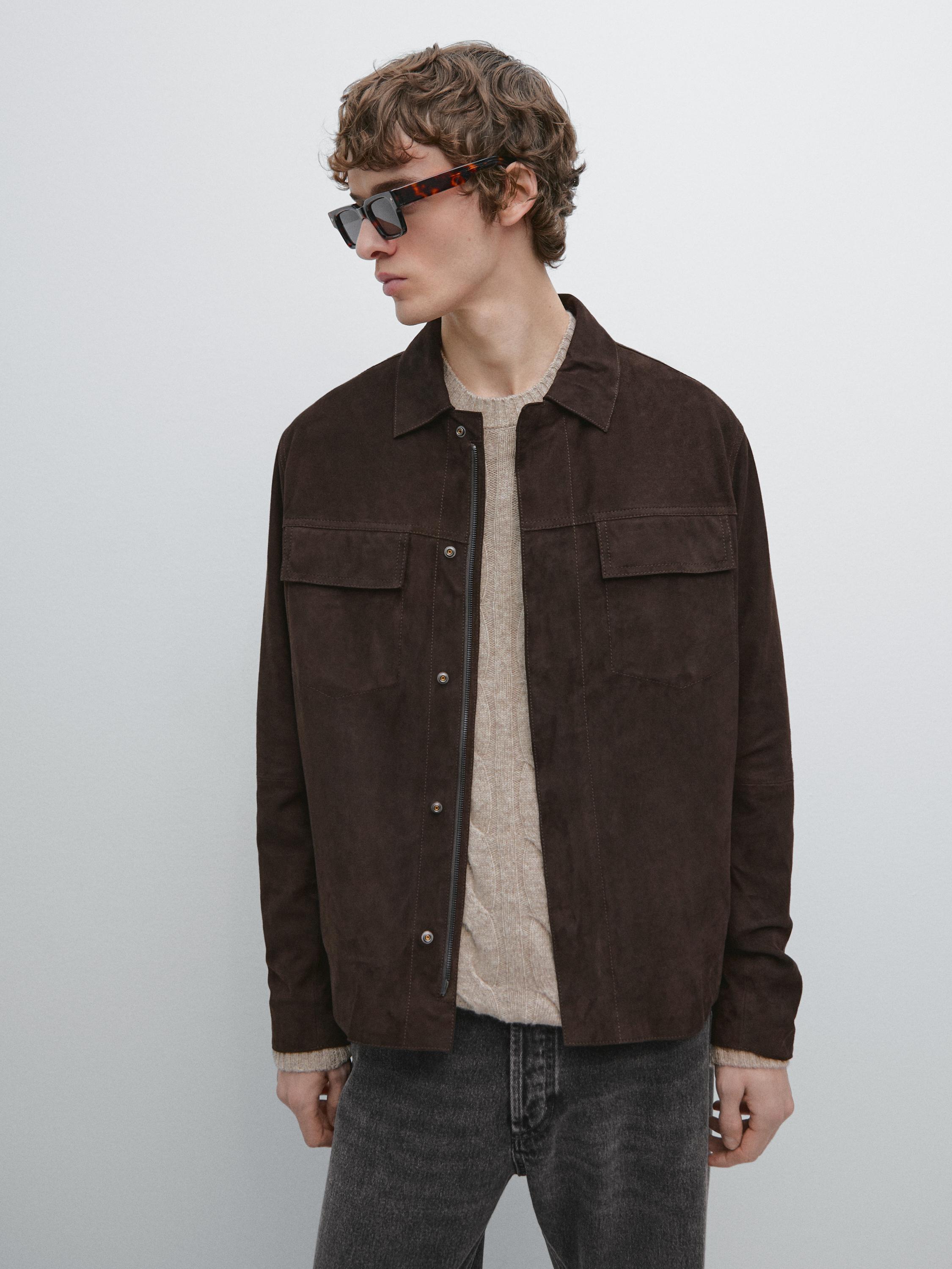Suede leather jacket with pockets — BROWN