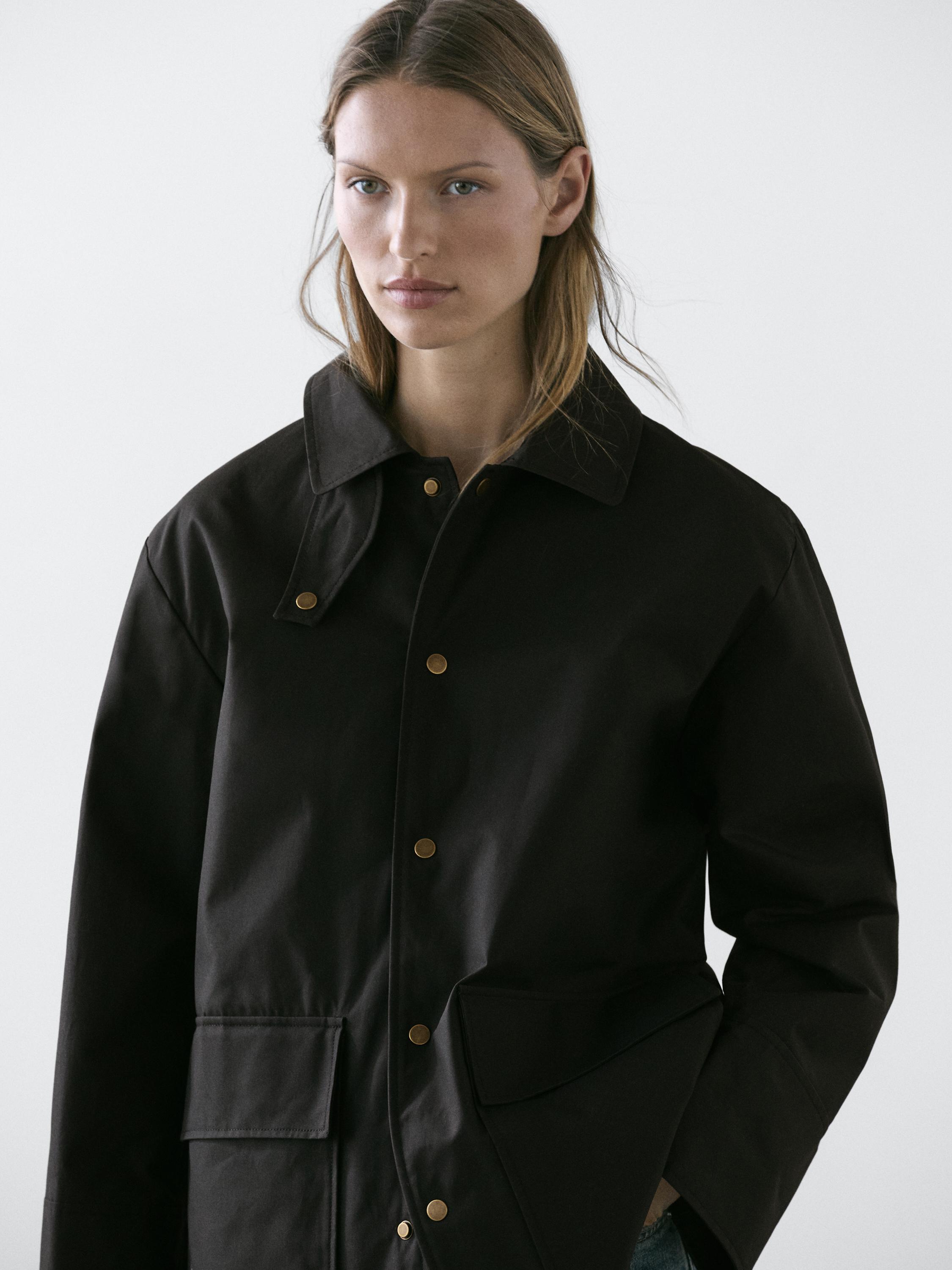 Long cotton parka with collar detail — BLACK