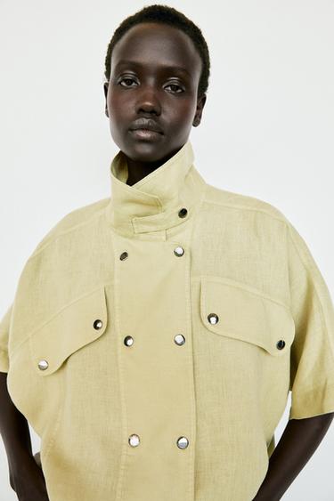 Short sleeve linen snap button shirt — LIME 3