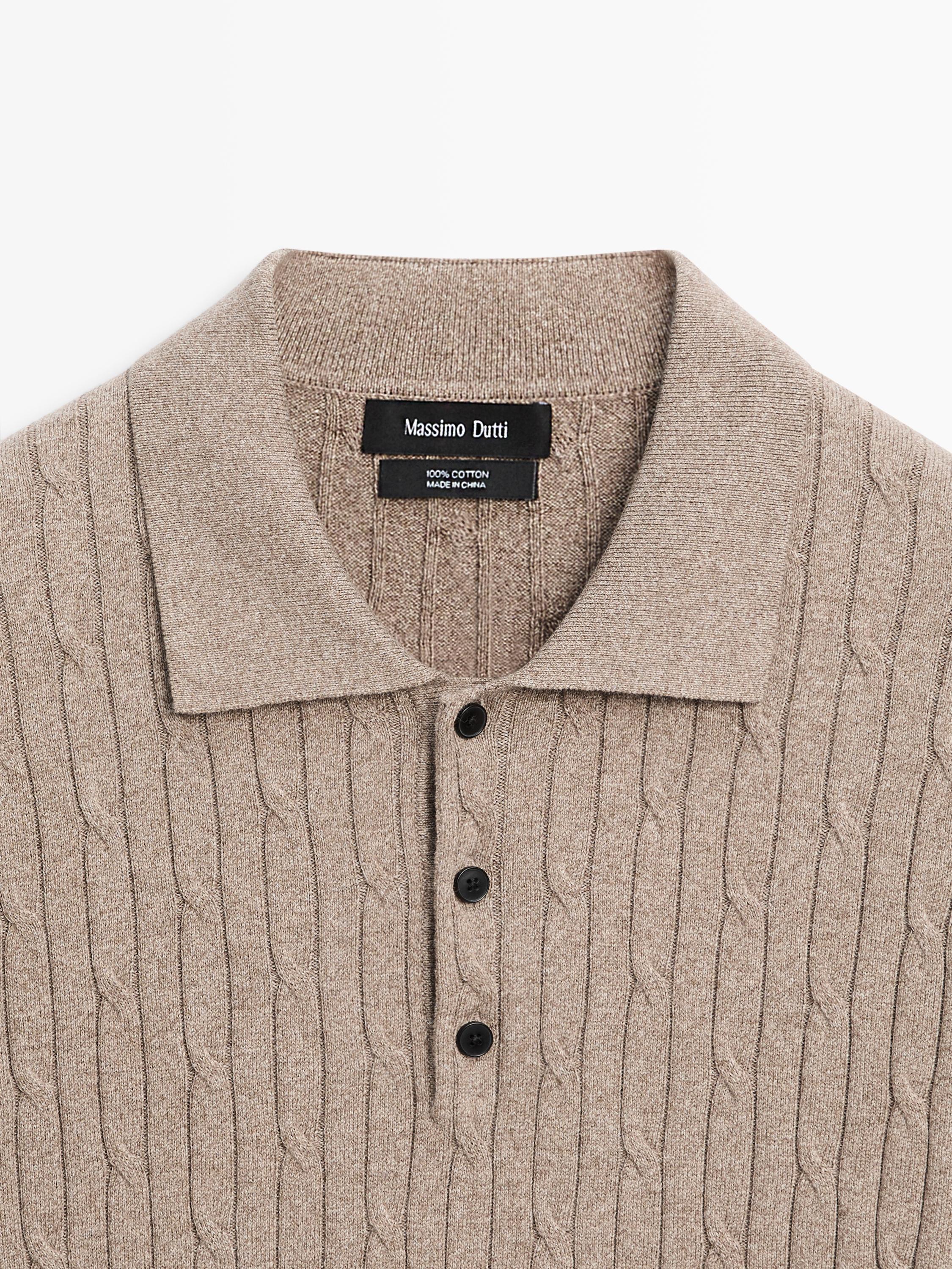 Cotton blend cable-knit polo sweater — Dark beige