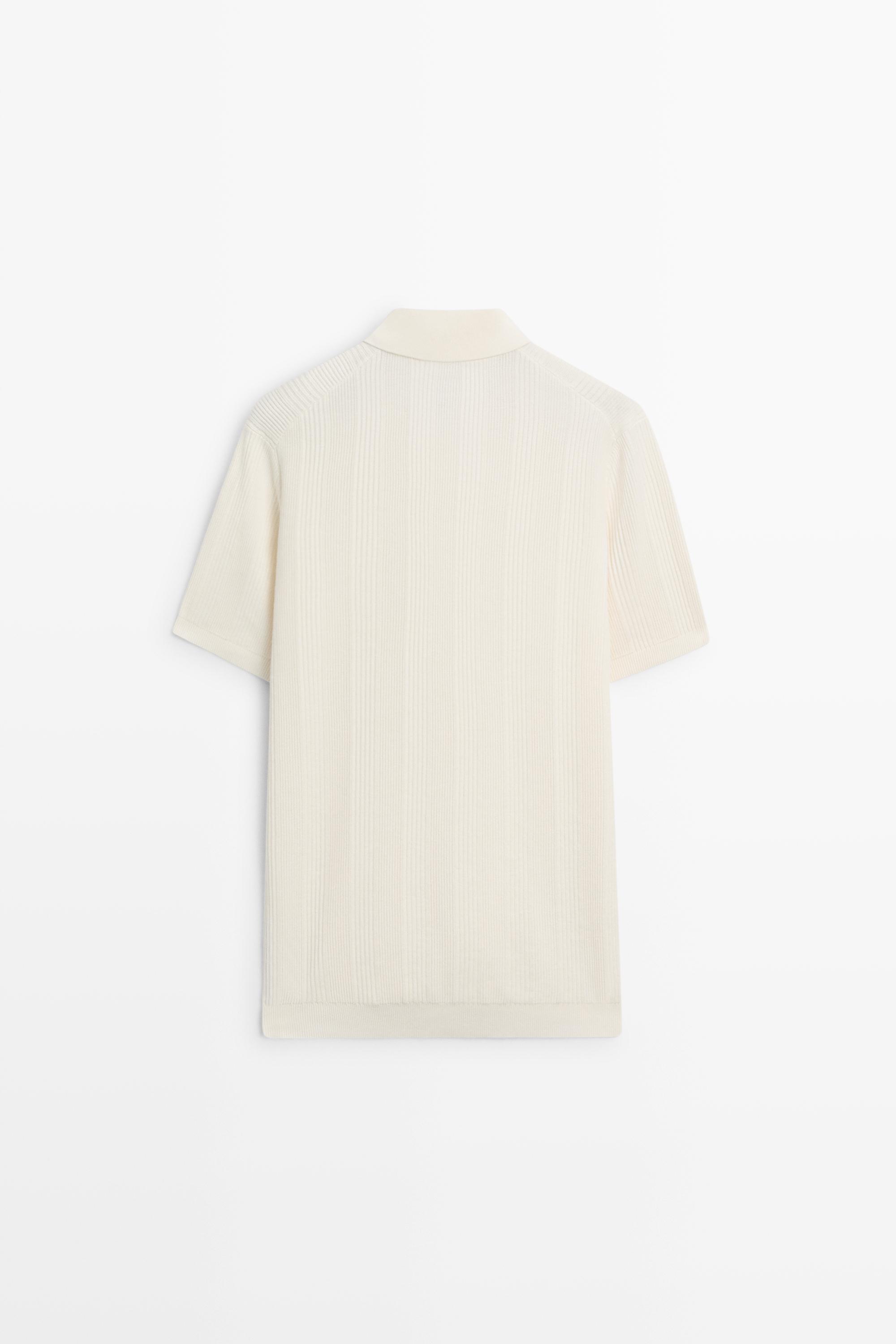 100% cotton textured striped knit polo shirt — CREAM