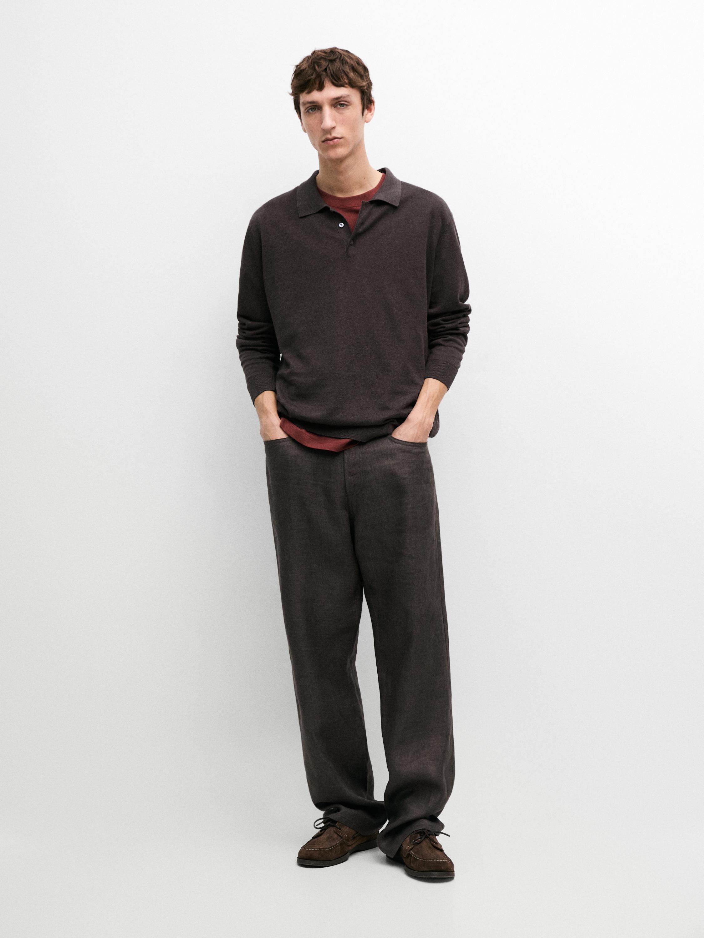 100% linen knit polo collar sweater — DARK BOTTLE GREEN