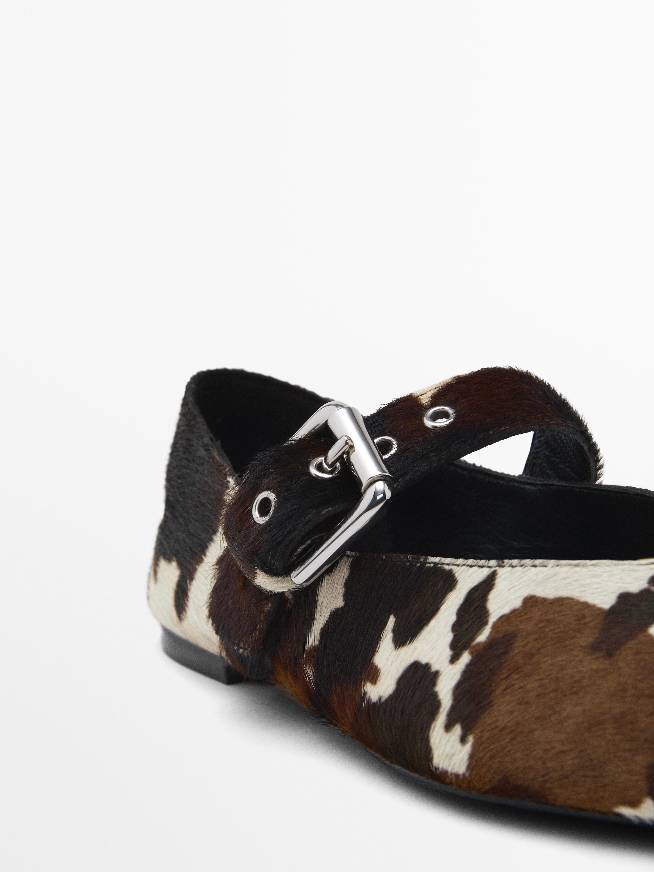 Animal print furskin ballet flats with buckle