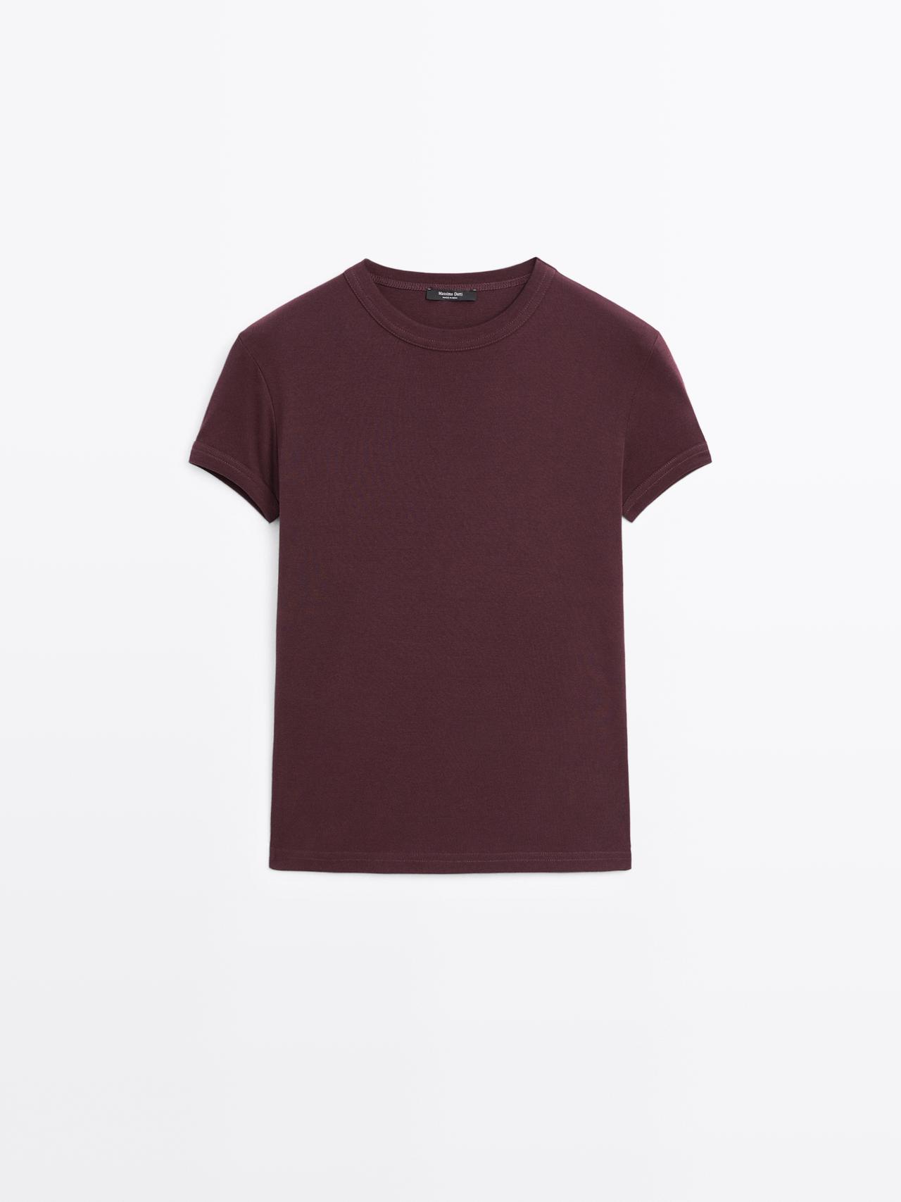Massimo Dutti - Dame - Kortærmet T-Shirt I 100 % Bomuld - Bordeaux - S