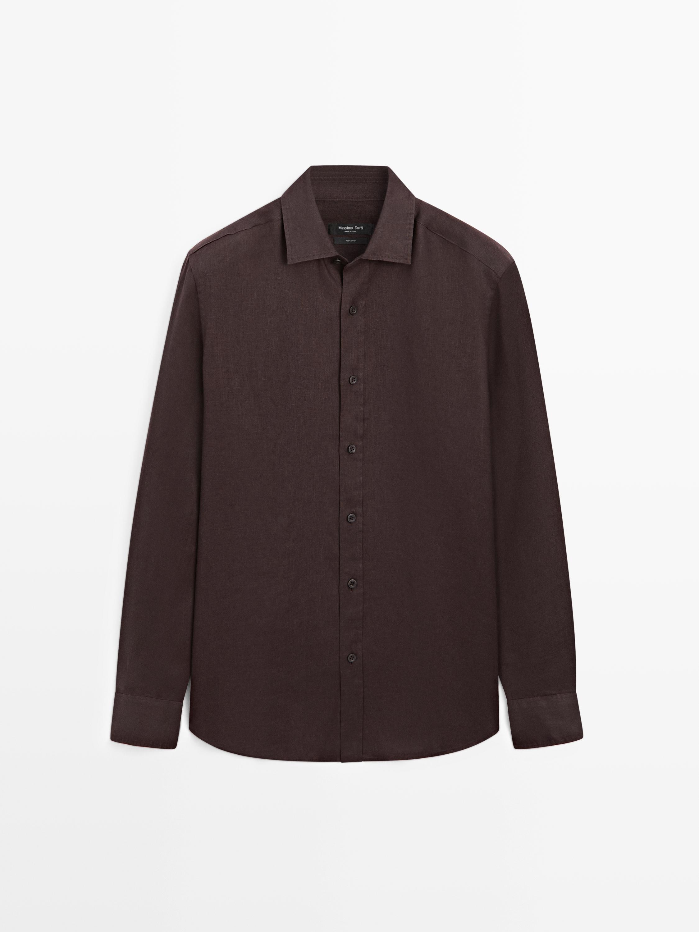 Front view of a burgundy long-sleeve shirt, regular fit, with central button placket and classic collar.