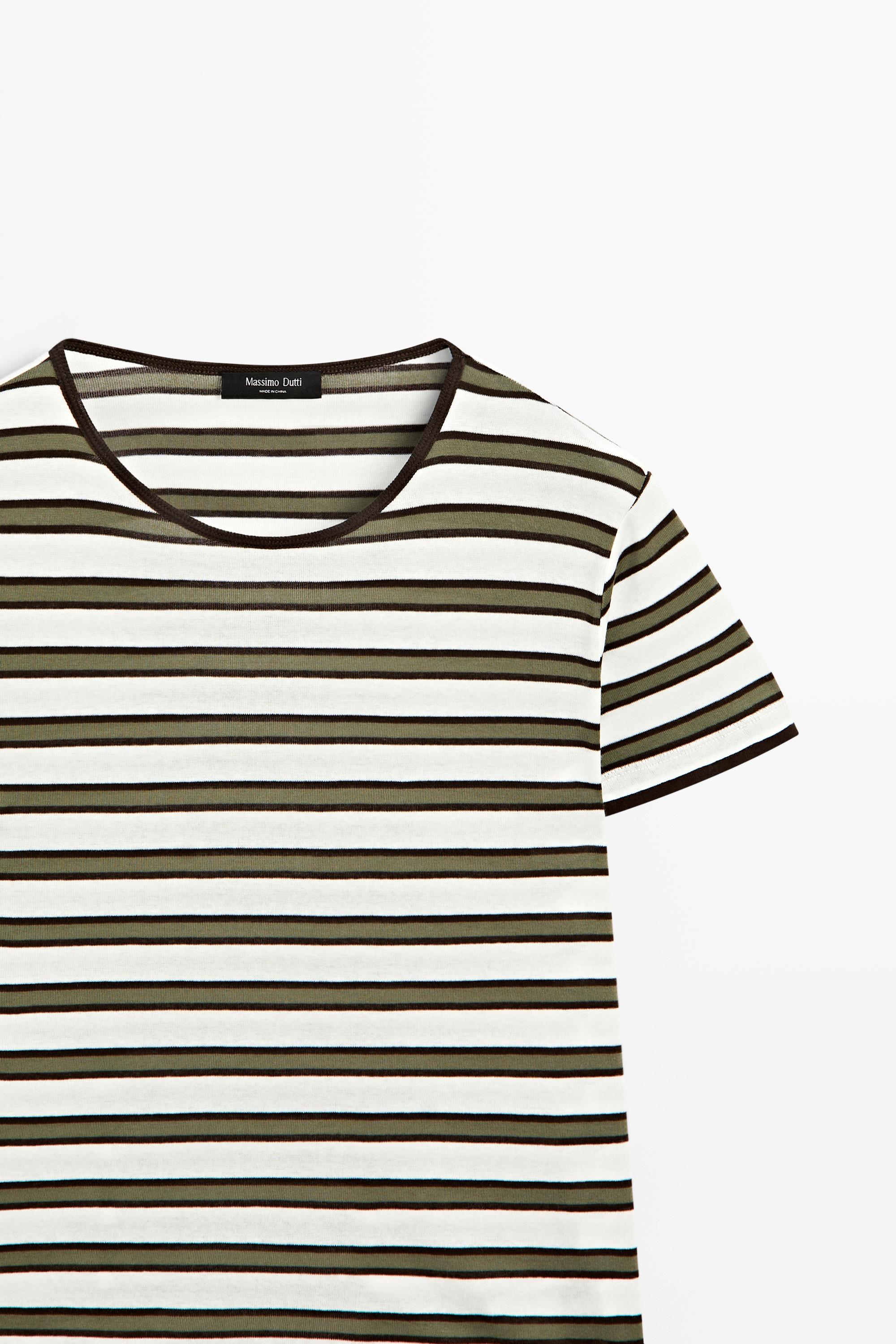 100% cotton short sleeve striped T-shirt — KHAKI