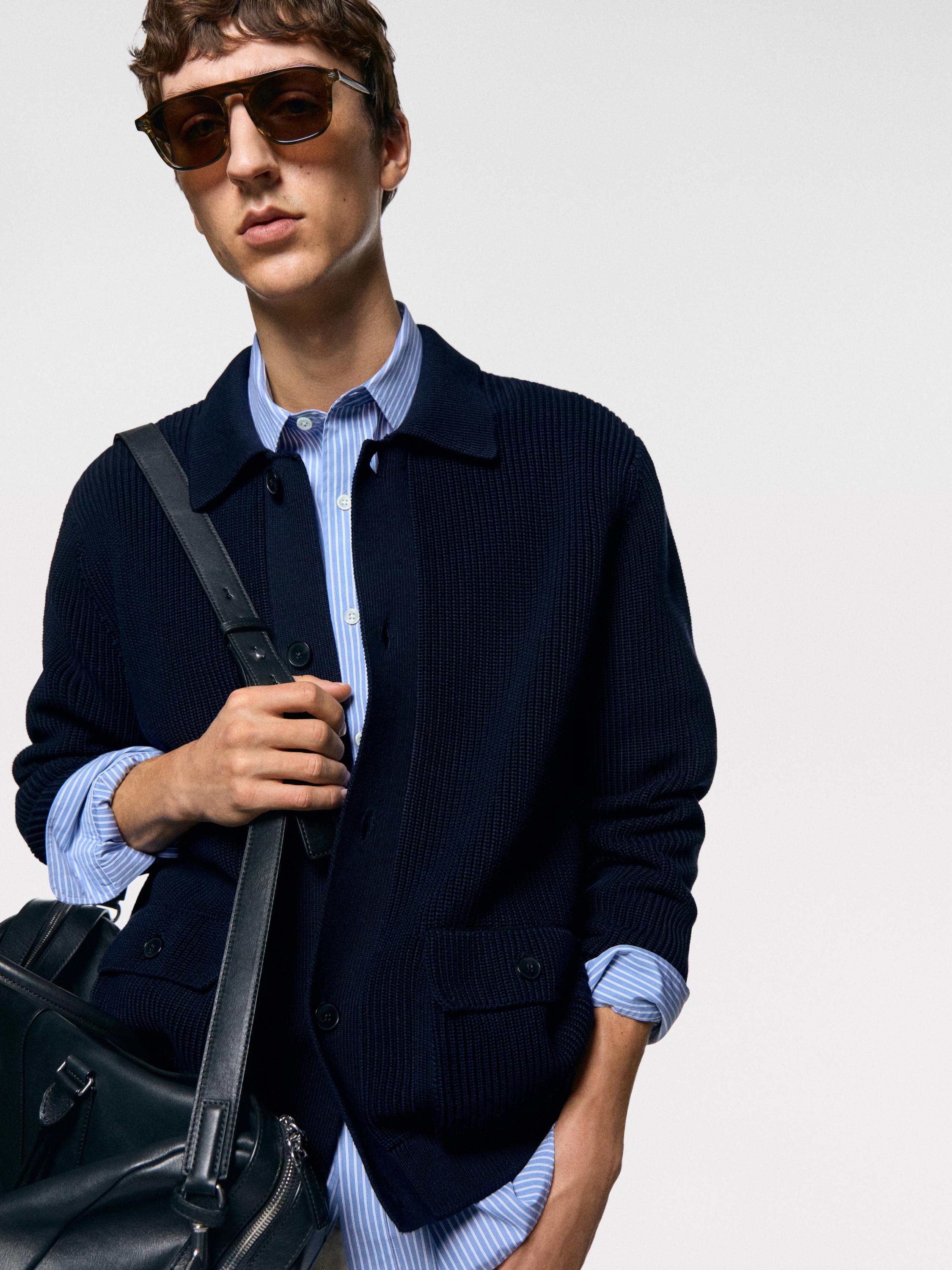 Cotton knit cardigan with pockets — NAVY BLUE