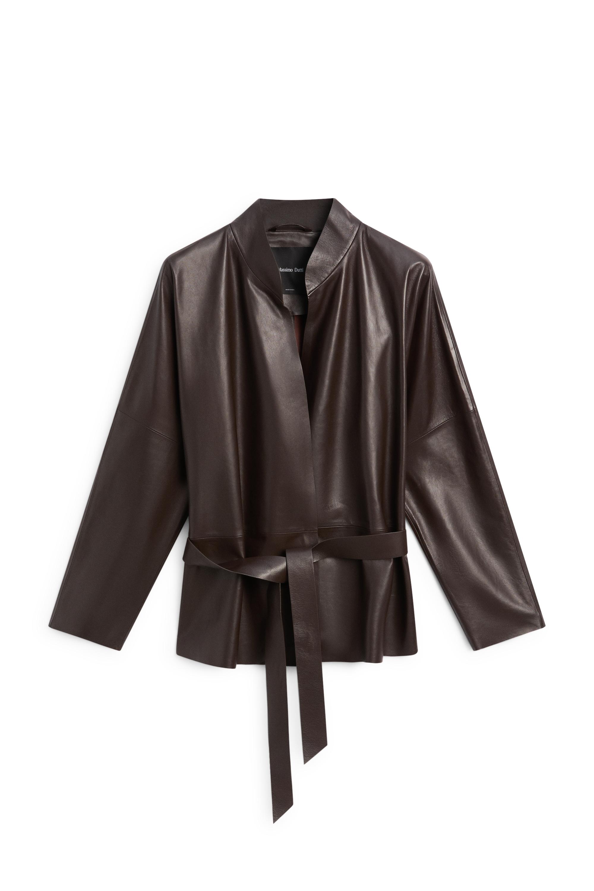 Wrap-front nappa leather jacket with tie detail — BROWN