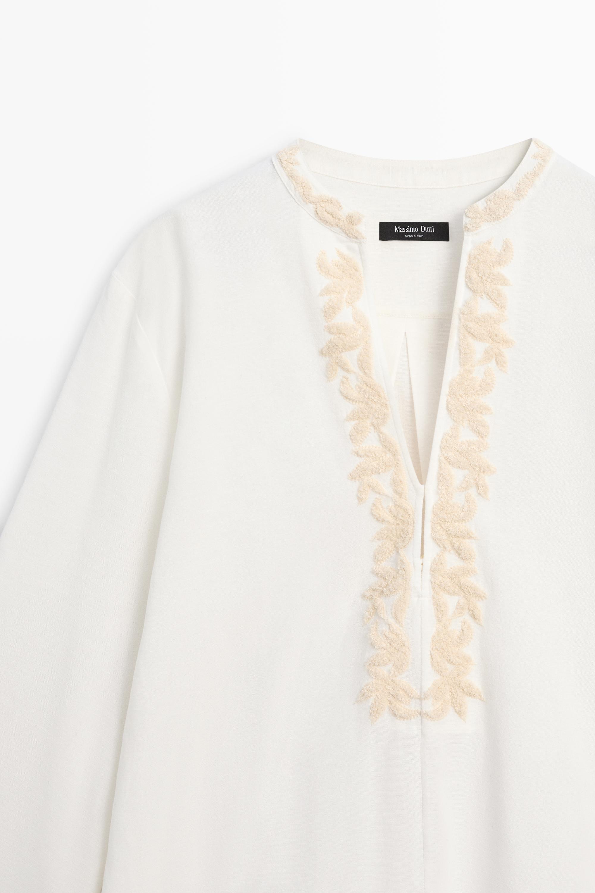 Flowing oversize blouse with stand collar and embroidery — CREAM