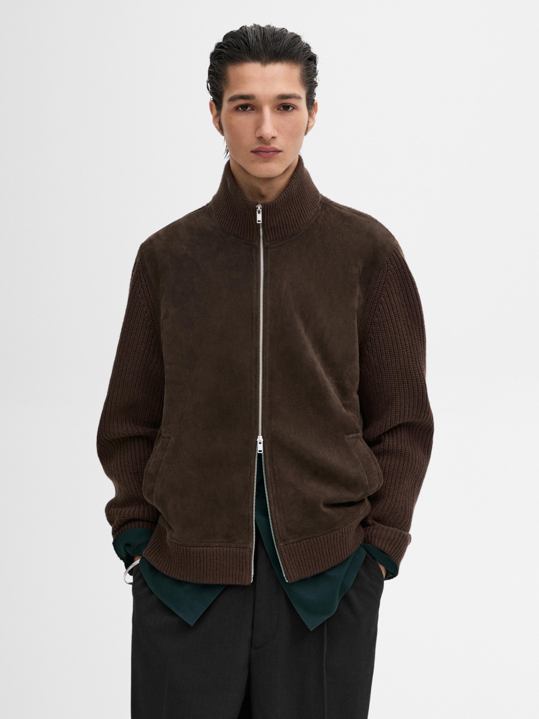 Contrast knit suede leather jacket