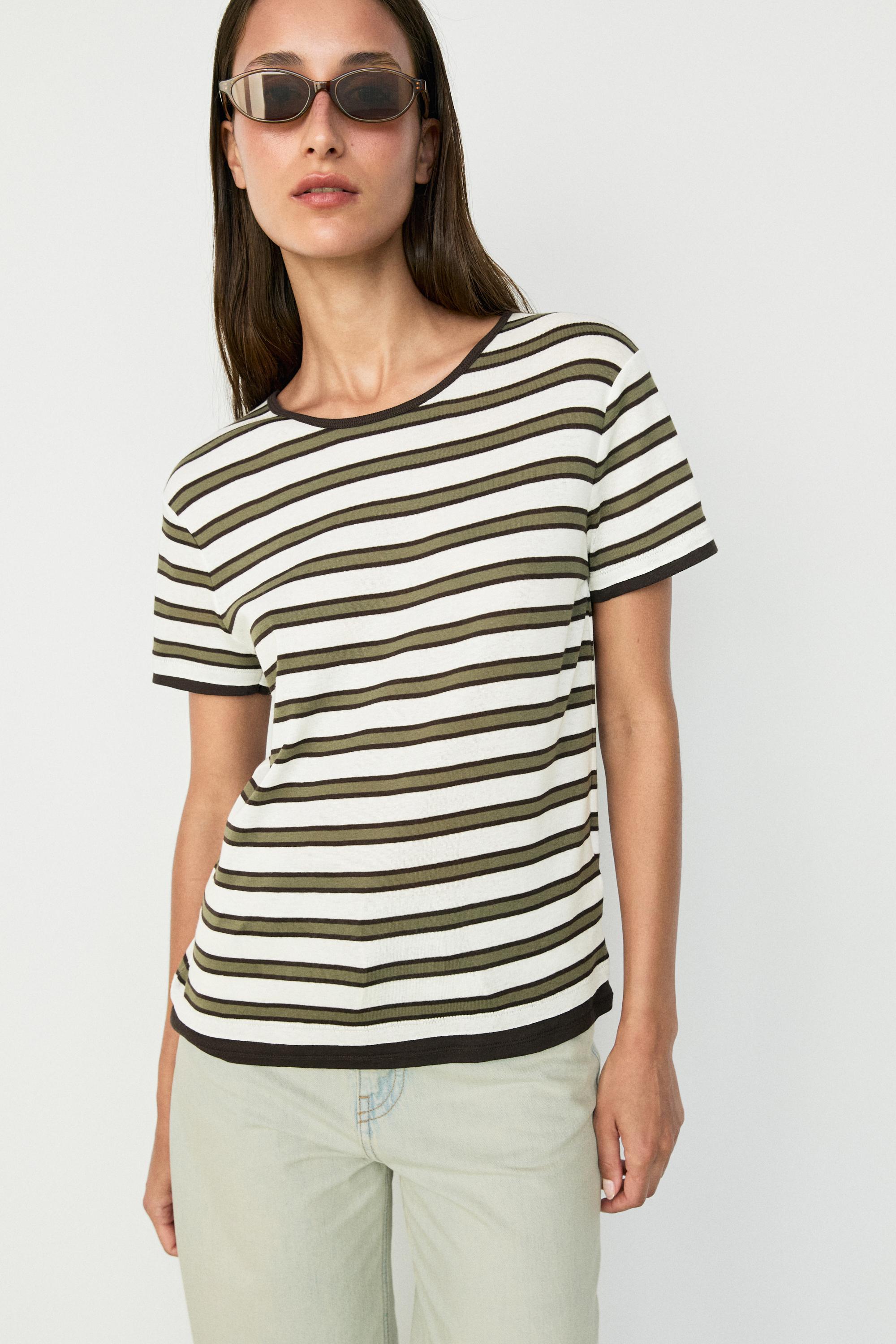 100% cotton short sleeve striped T-shirt — KHAKI