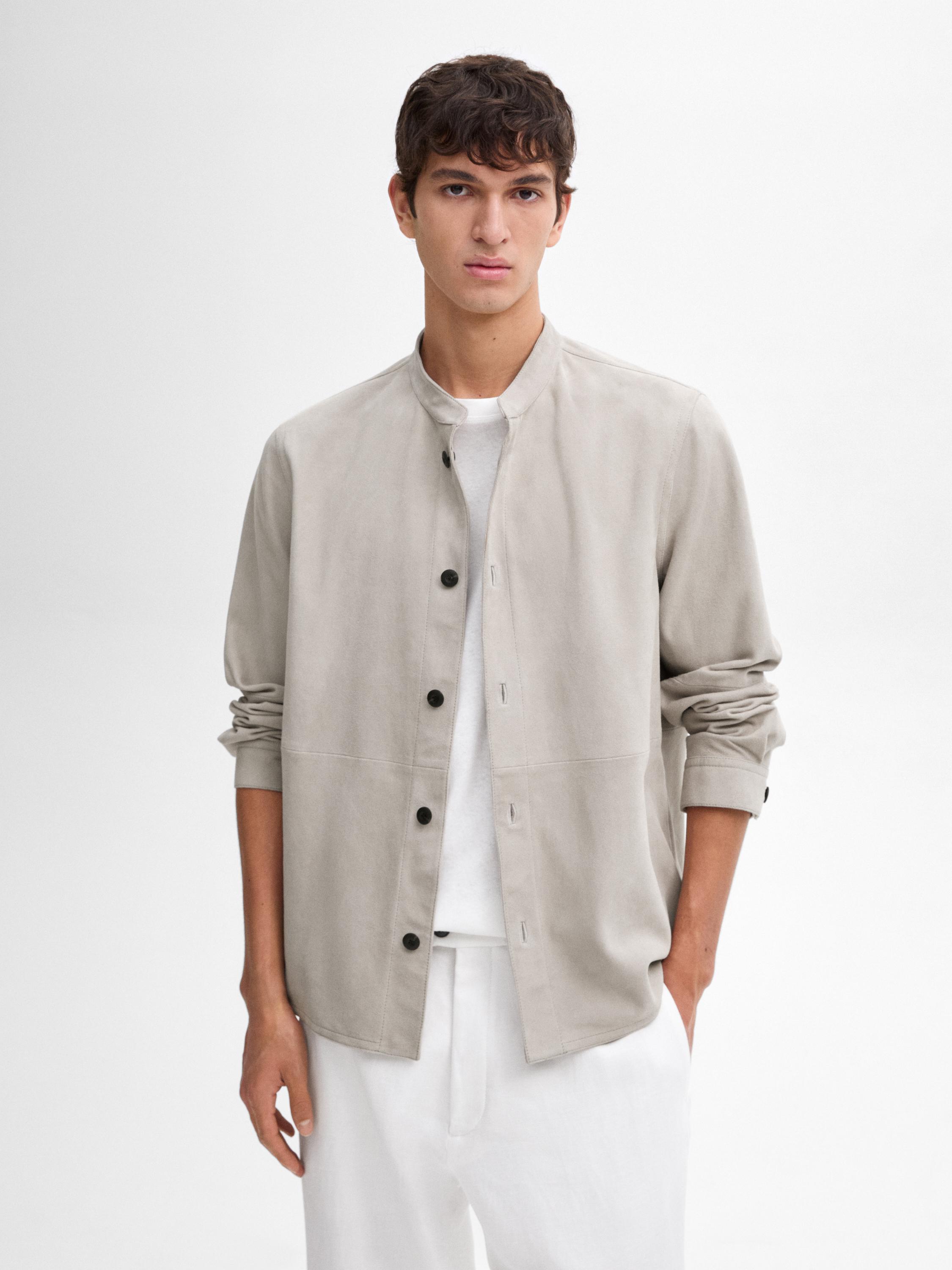 Suede leather shirt with stand collar