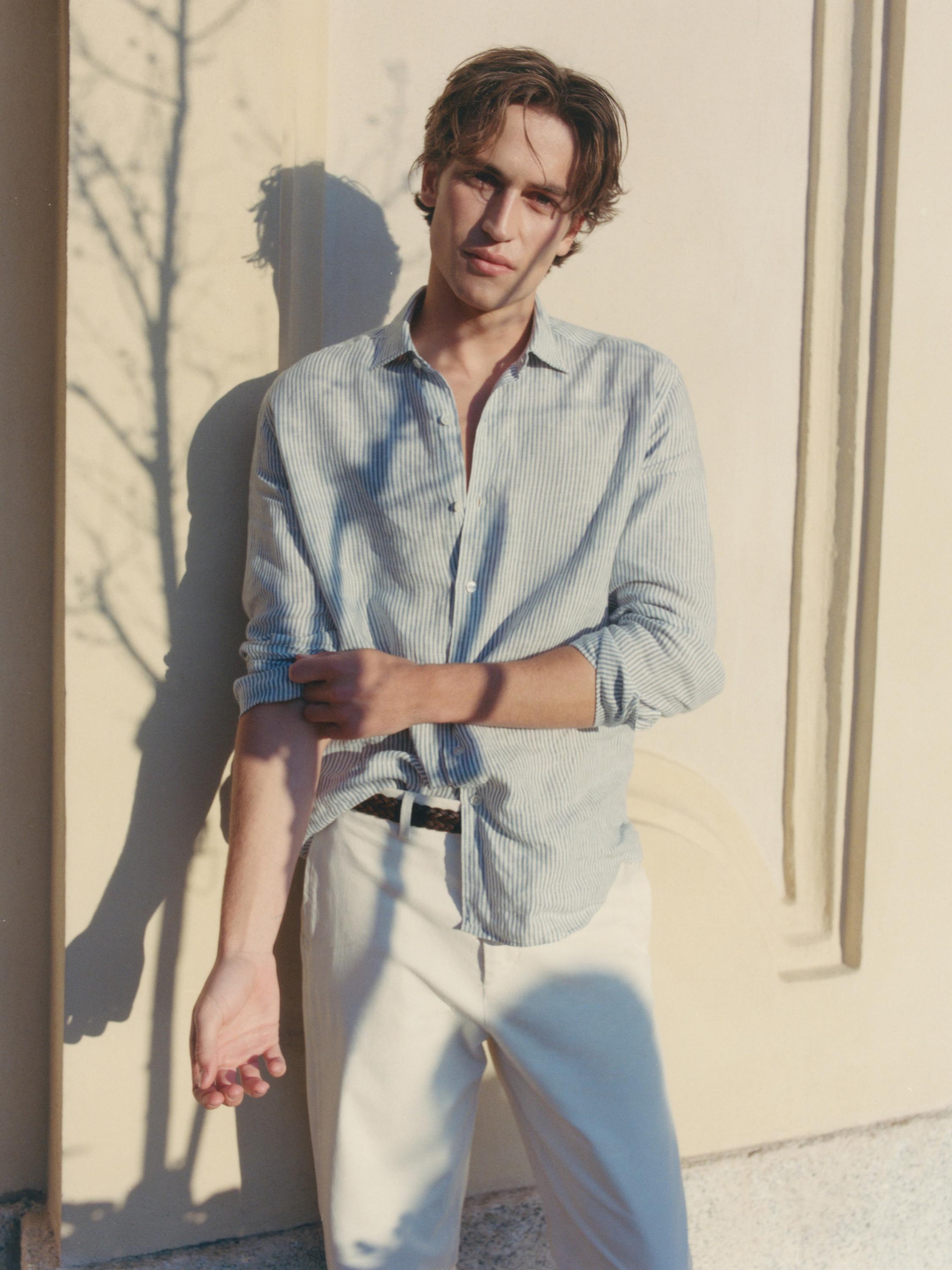 Striped slim fit linen shirt — BLUE