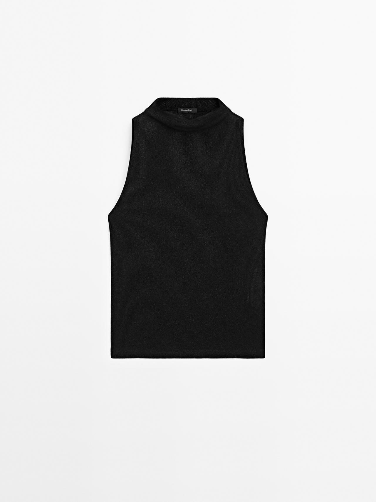 Massimo Dutti - Dame - Halternecktop Med Metallisk Effekt - Sort - Xl