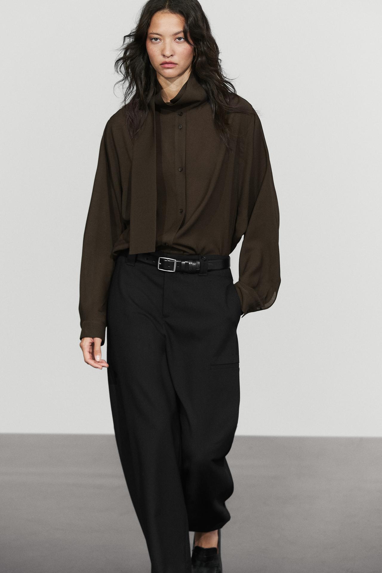 Semi-sheer shirt with tie detail — BROWN