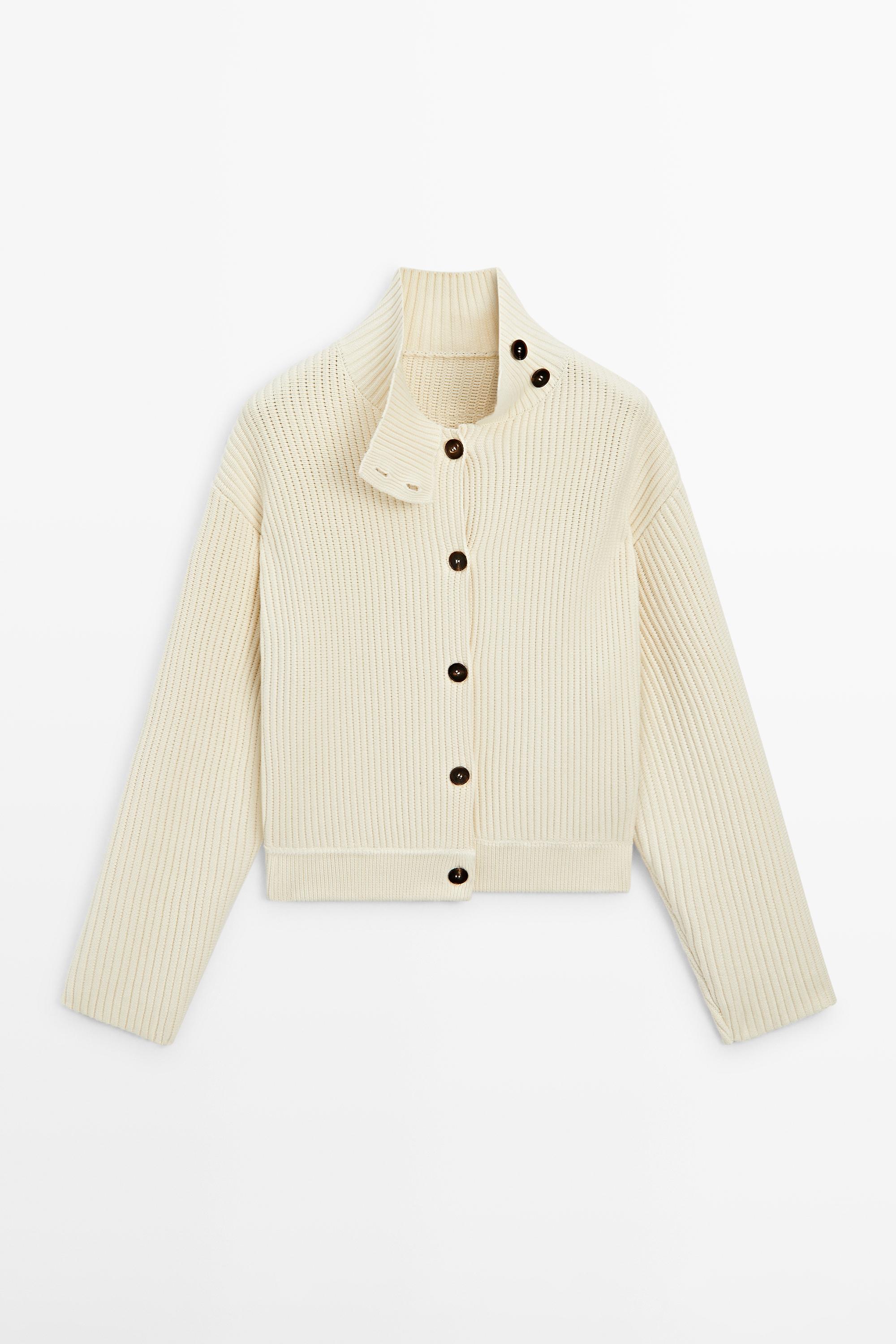 100% cotton turtleneck knit cardigan — CREAM