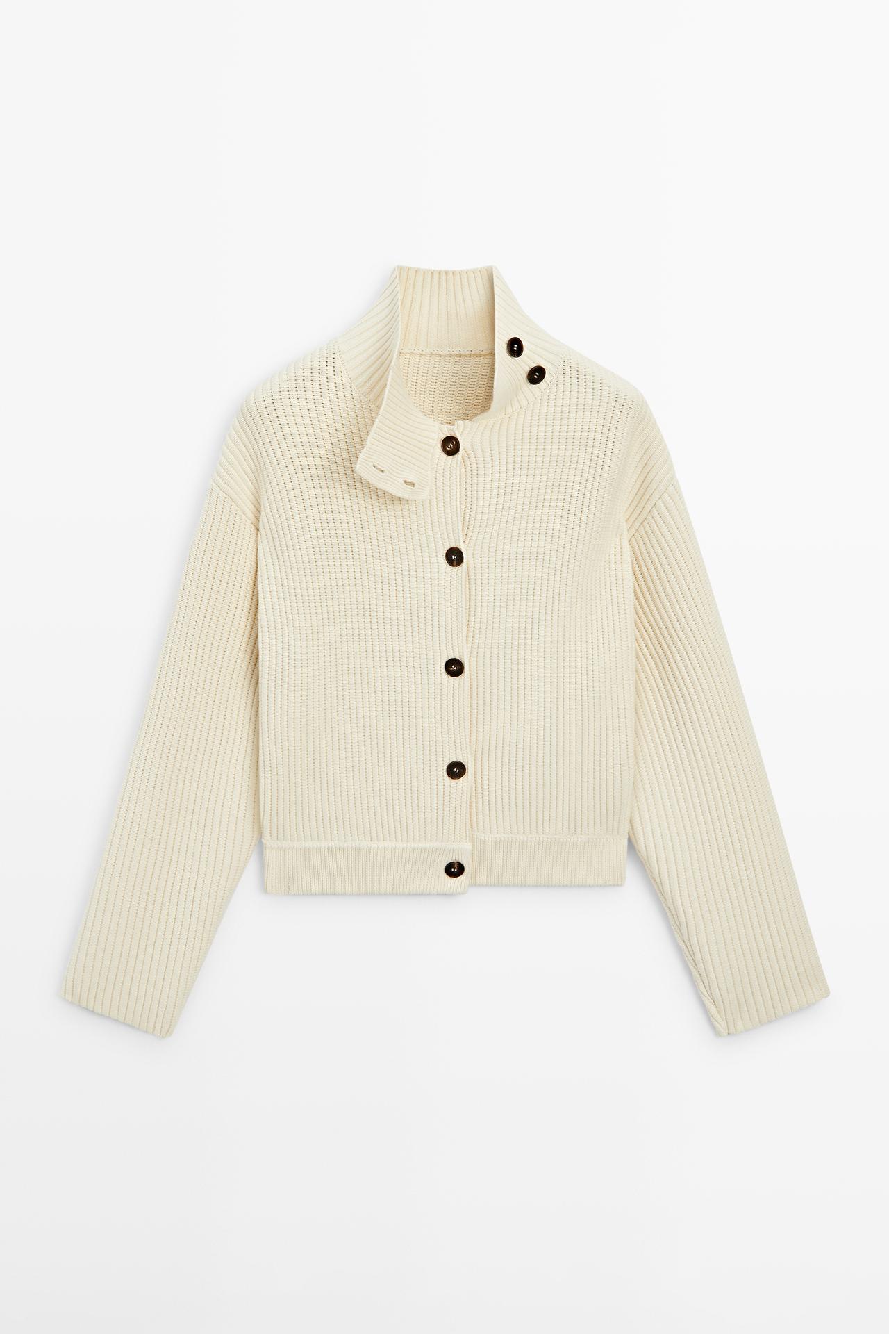 100% cotton turtleneck knit cardigan — CREAM