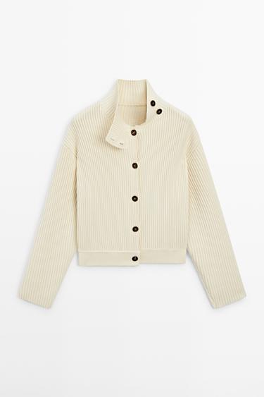 100% cotton turtleneck knit cardigan — CREAM 2