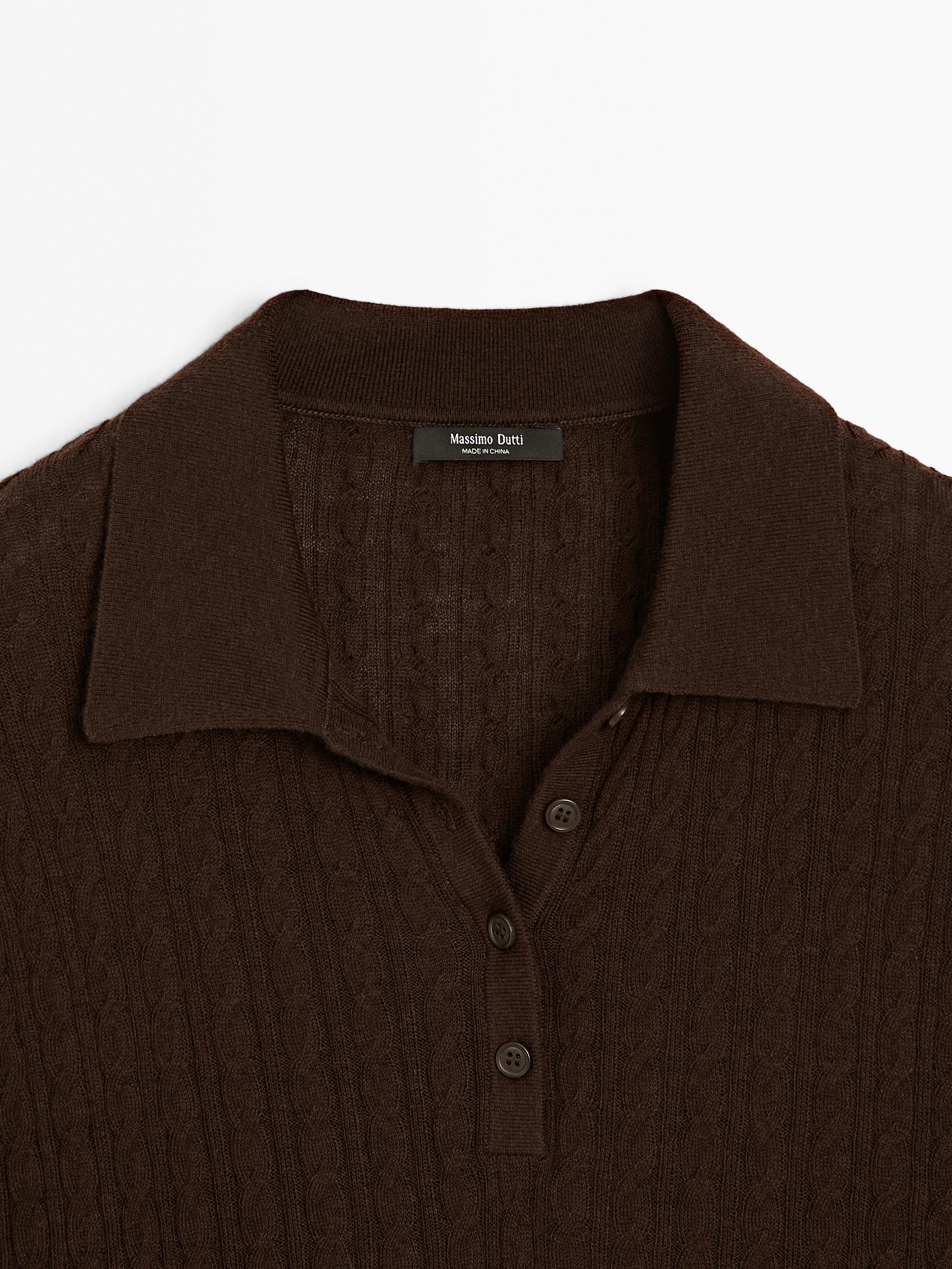 Wool blend cable-knit polo shirt