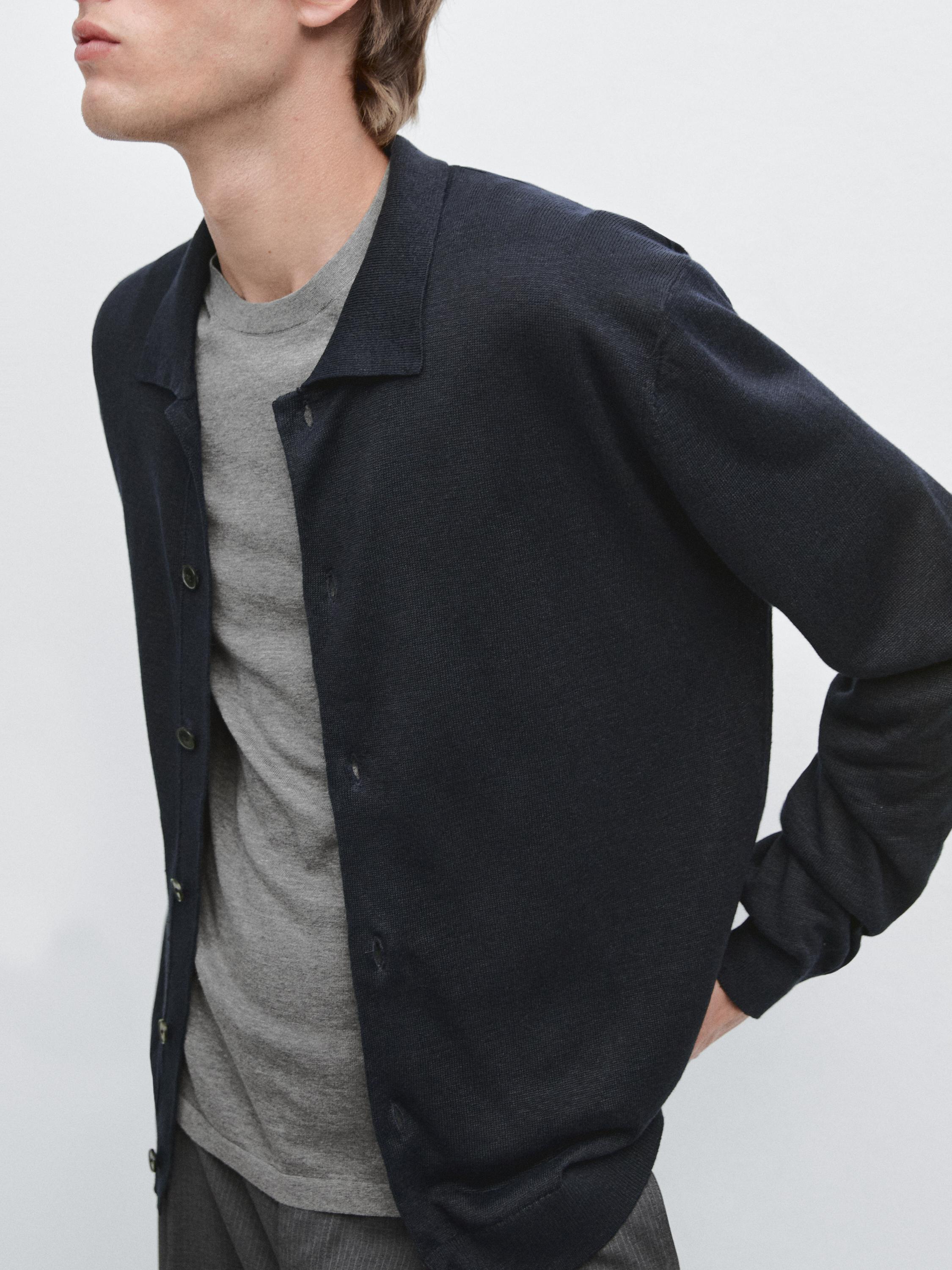 Linen knit cardigan with buttons — NAVY BLUE
