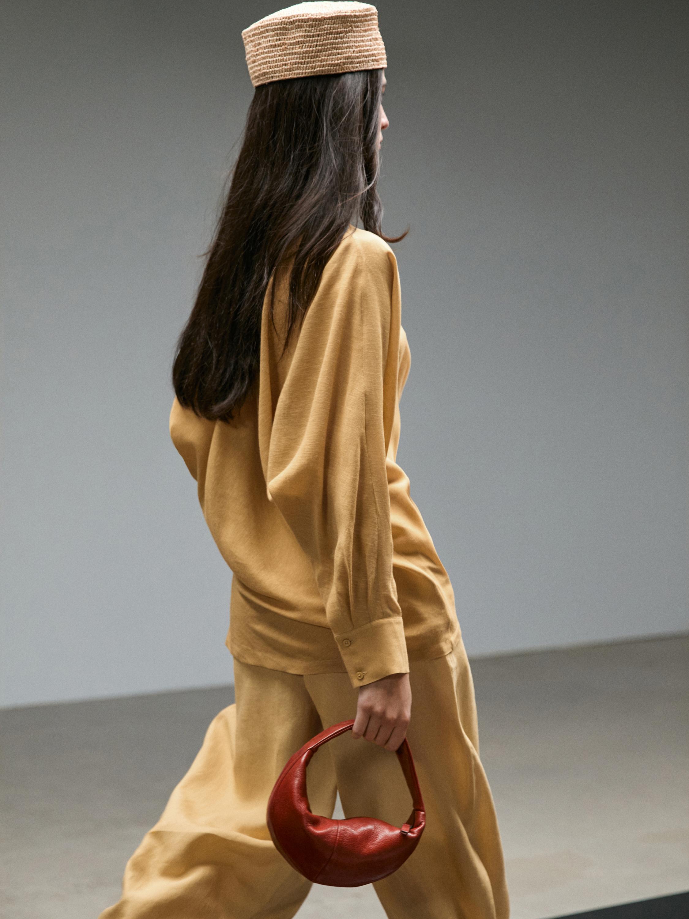 Flowing blouse with draped neckline — MUSTARD YELLOW