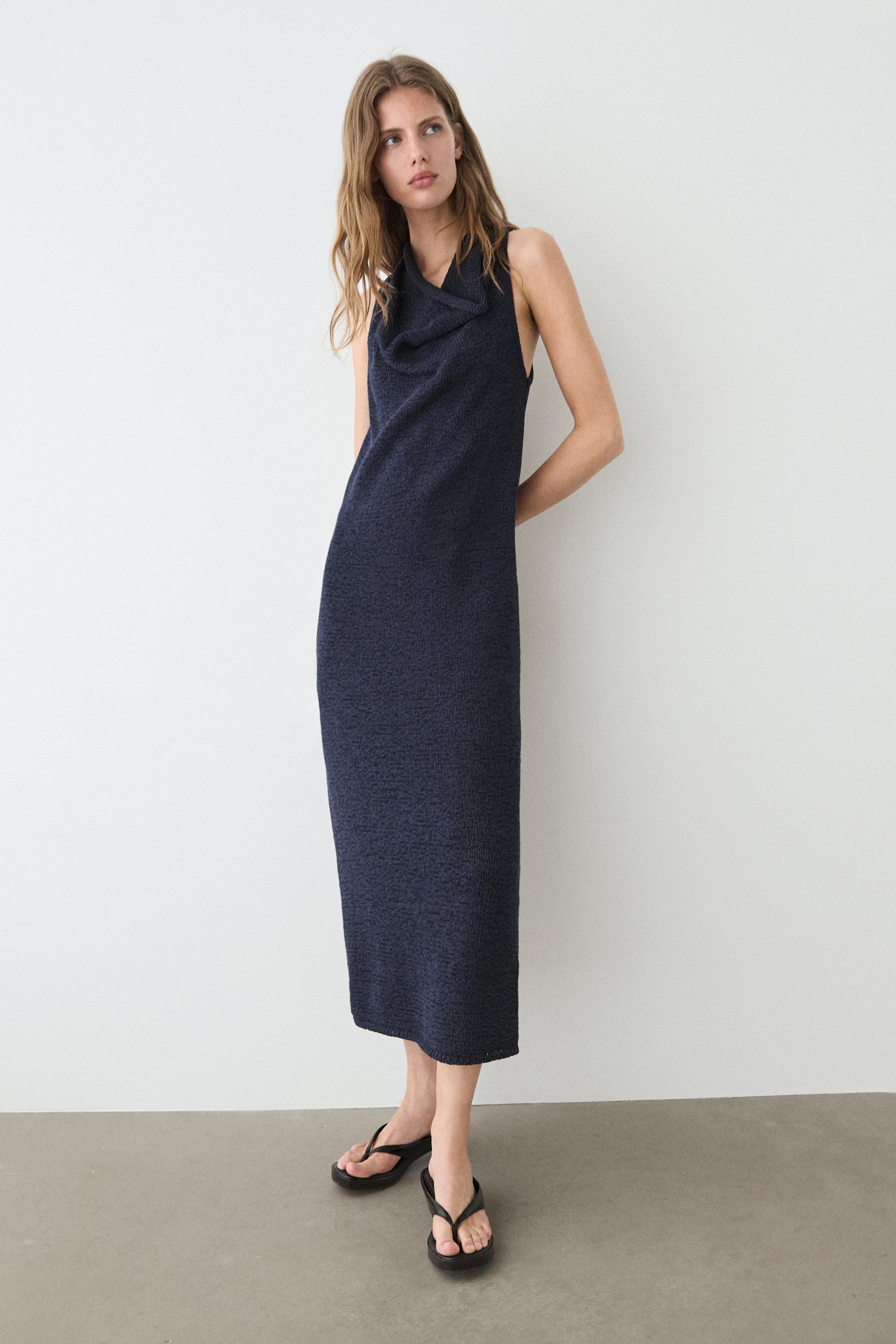 Knit midi dress with draped neckline — Dark Blue
