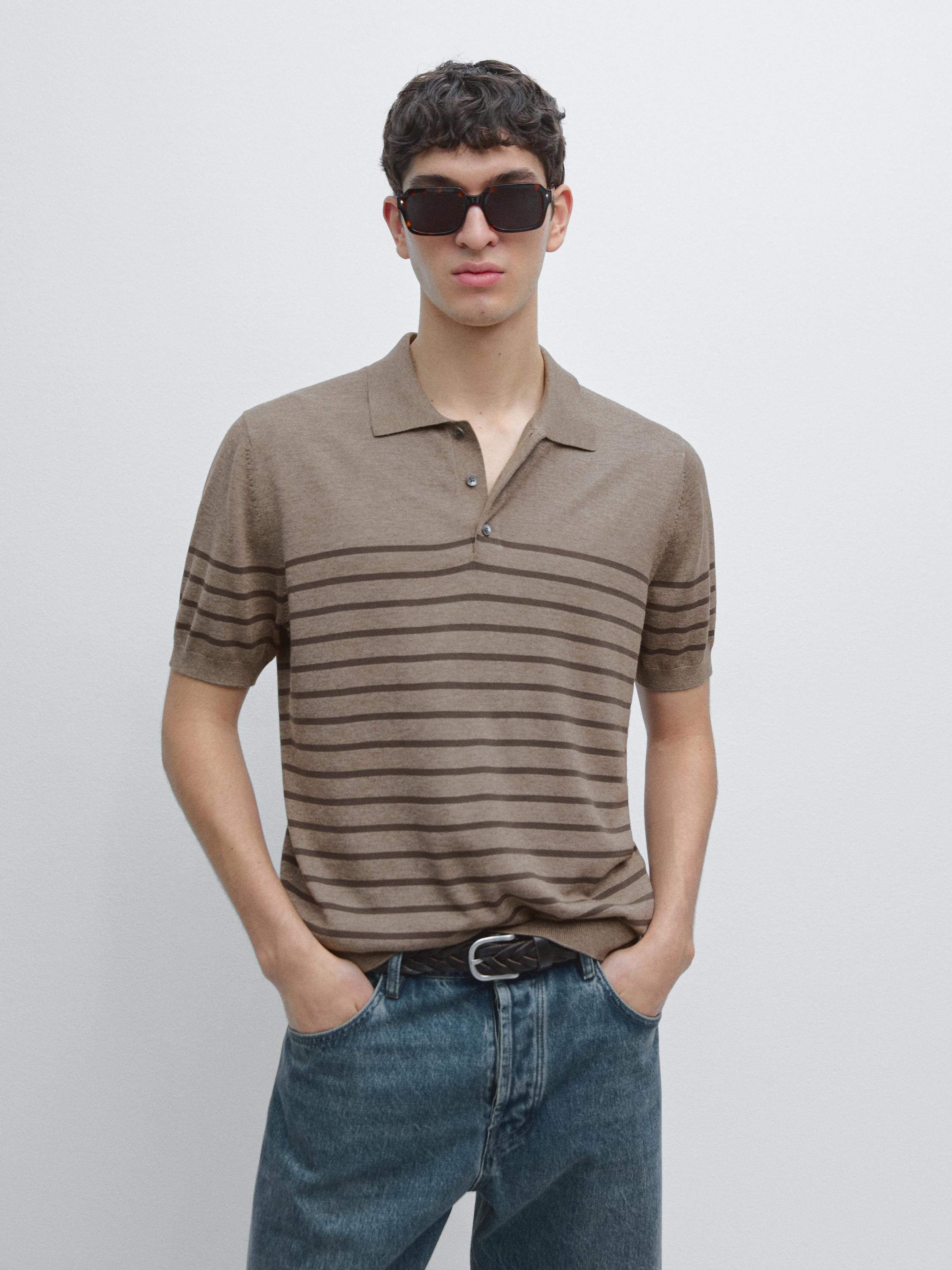 Striped cotton blend knit polo shirt